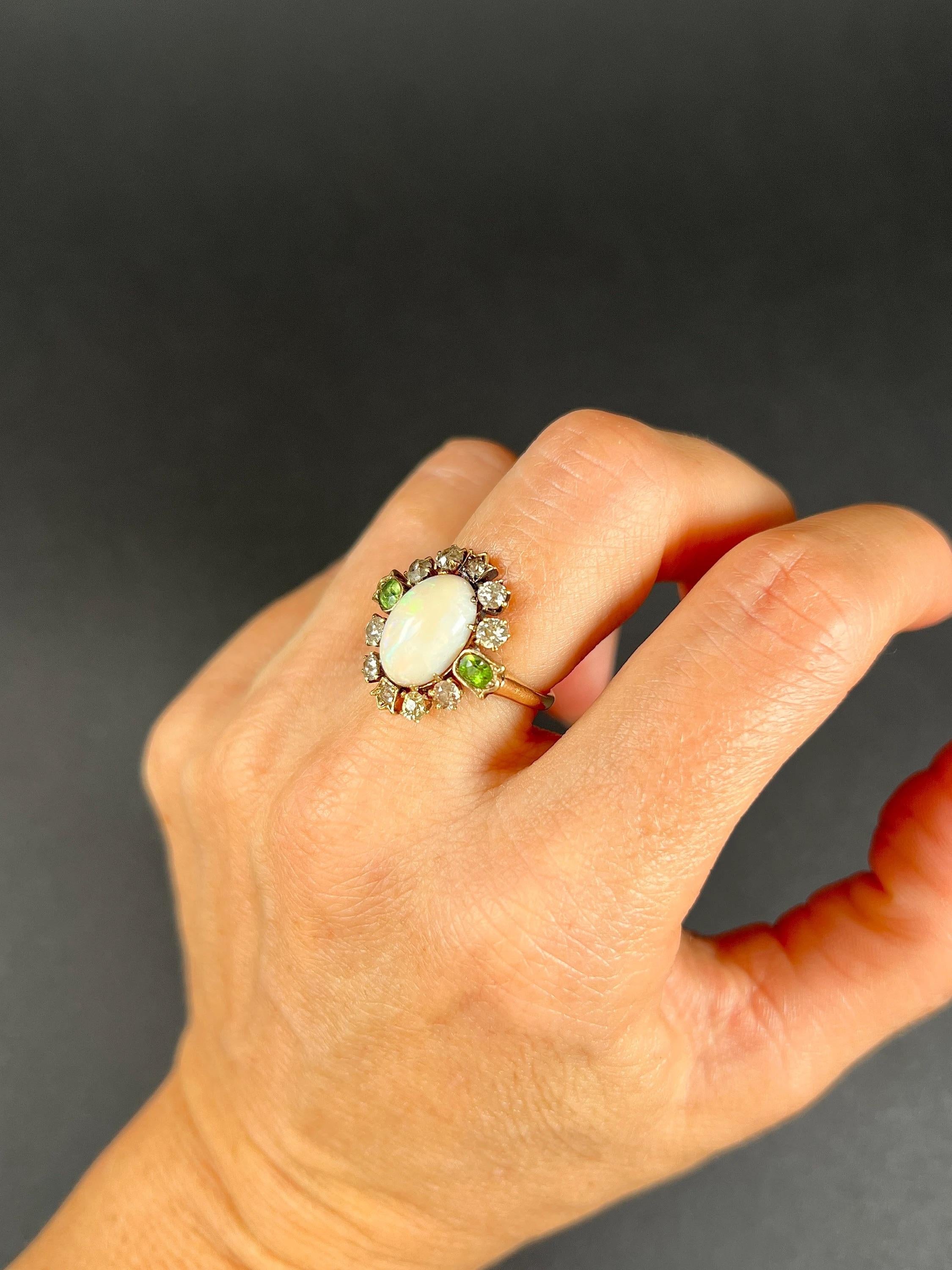 Antique 18ct Yellow Gold Victorian Opal, Diamond & Demantoid Garnet Cluster Ring For Sale 6