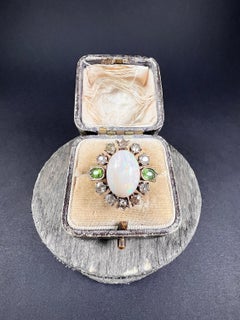 Antique 18ct Yellow Gold Victorian Opal, Diamond & Demantoid Garnet Cluster Ring
