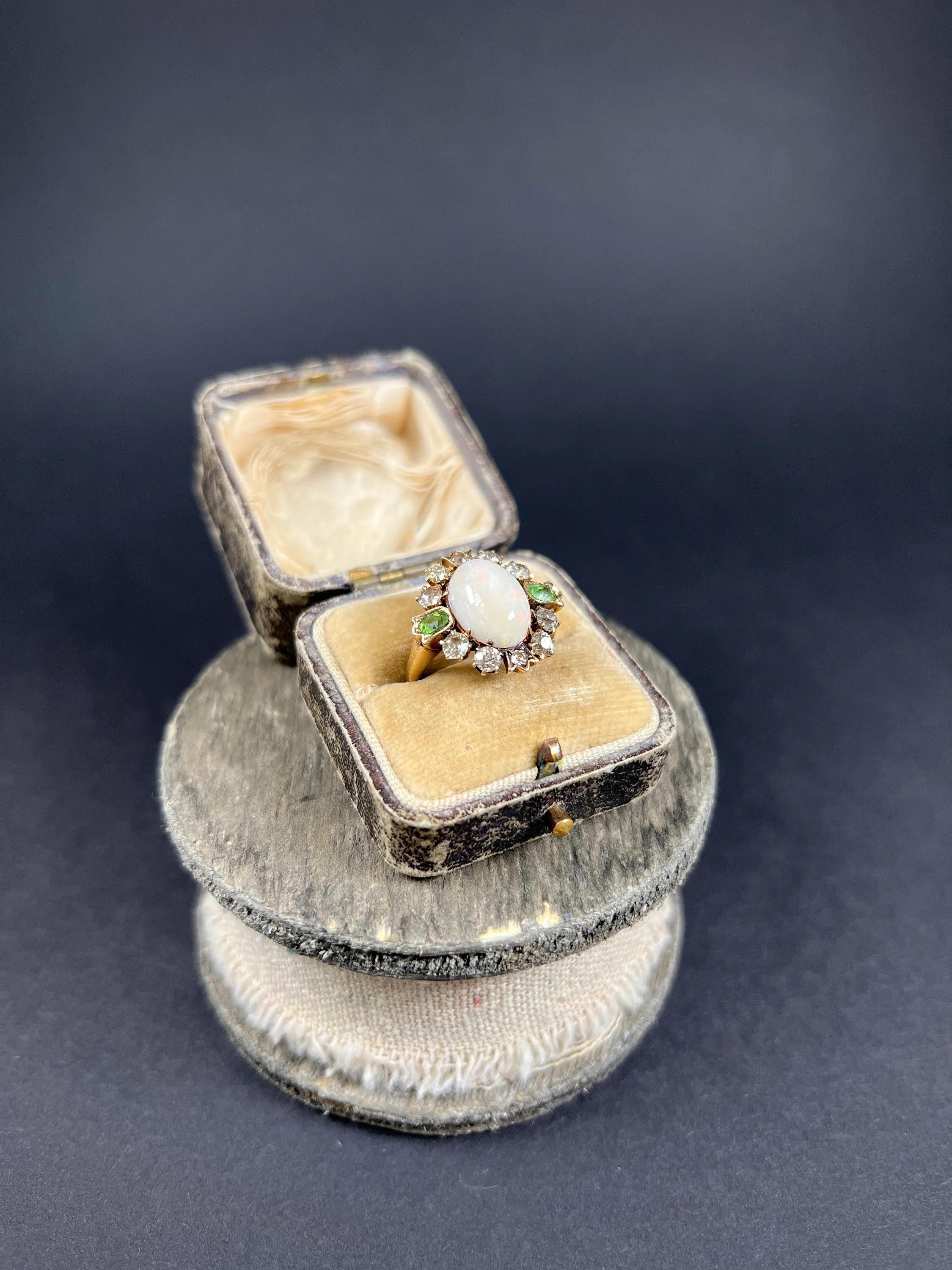 Oval Cut Antique 18ct Yellow Gold Victorian Opal, Diamond & Demantoid Garnet Cluster Ring For Sale