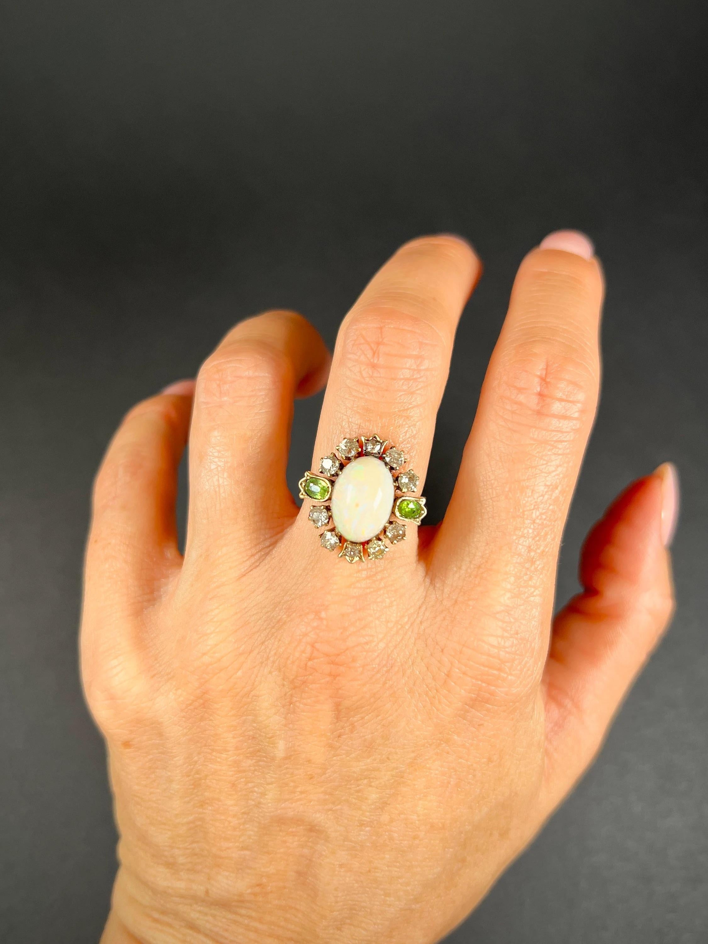 Antique 18ct Yellow Gold Victorian Opal, Diamond & Demantoid Garnet Cluster Ring For Sale 2