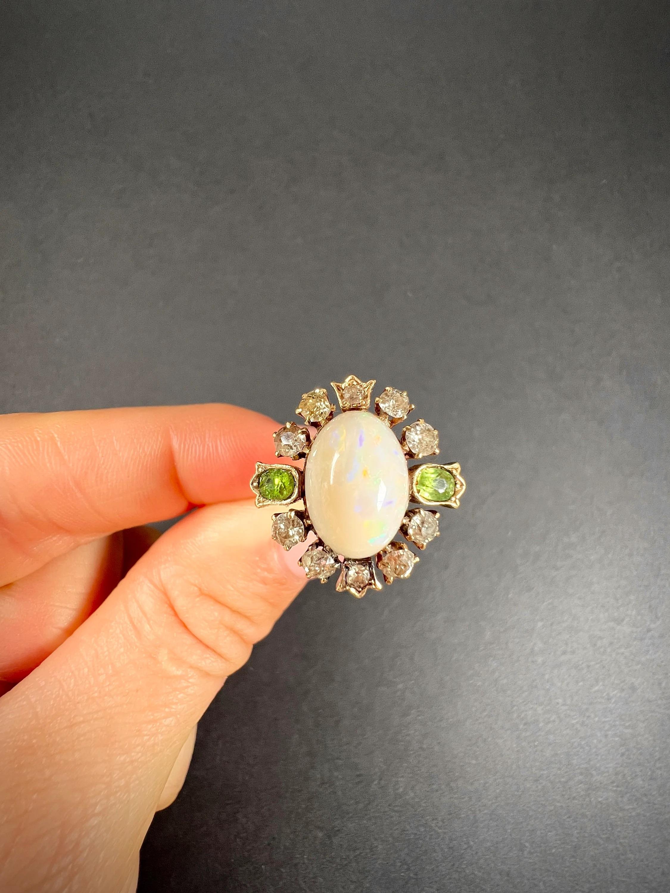 Antique 18ct Yellow Gold Victorian Opal, Diamond & Demantoid Garnet Cluster Ring For Sale 4