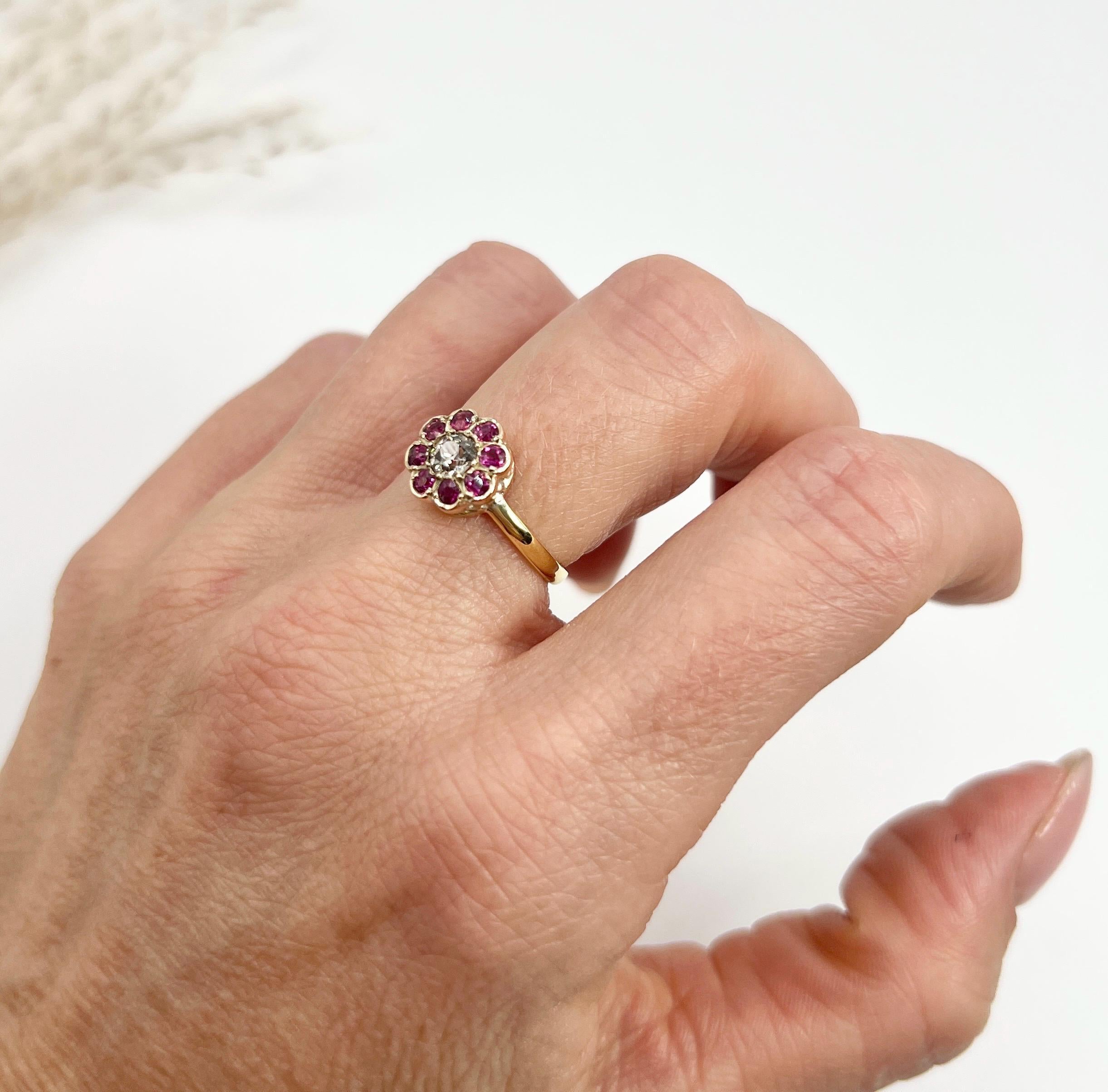Antique 18ct Yellow Gold, Victorian Ruby & Diamond Daisy Cluster Ring 6