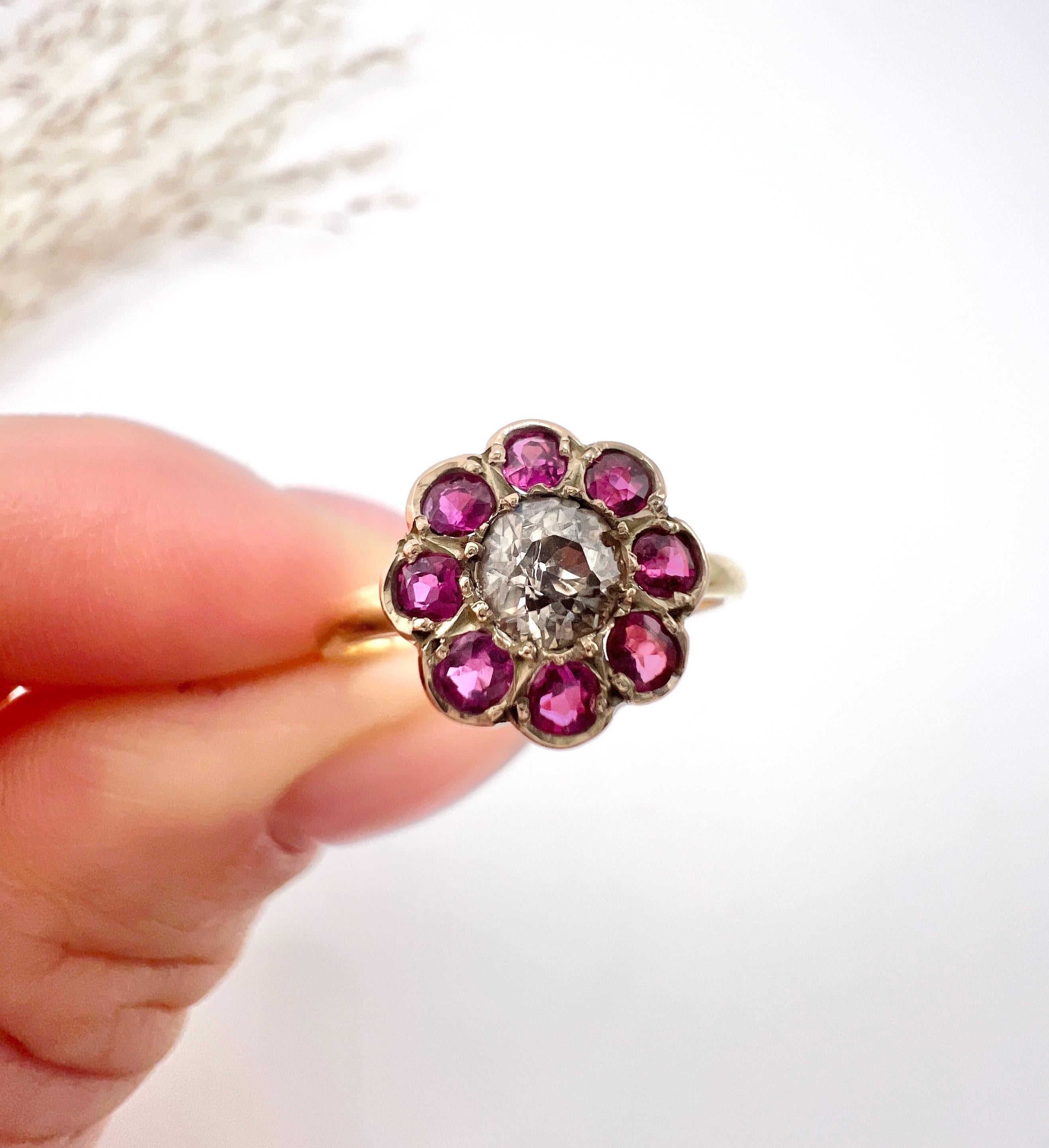 Antique Ruby & Diamond Daisy Ring

18ct Yellow Gold Tested 

Exuding timeless elegance, this stunning Victorian daisy cluster ring is crafted from 18ct gold and set with remarkable detailing. At its heart lies a brilliant natural diamond, radiating