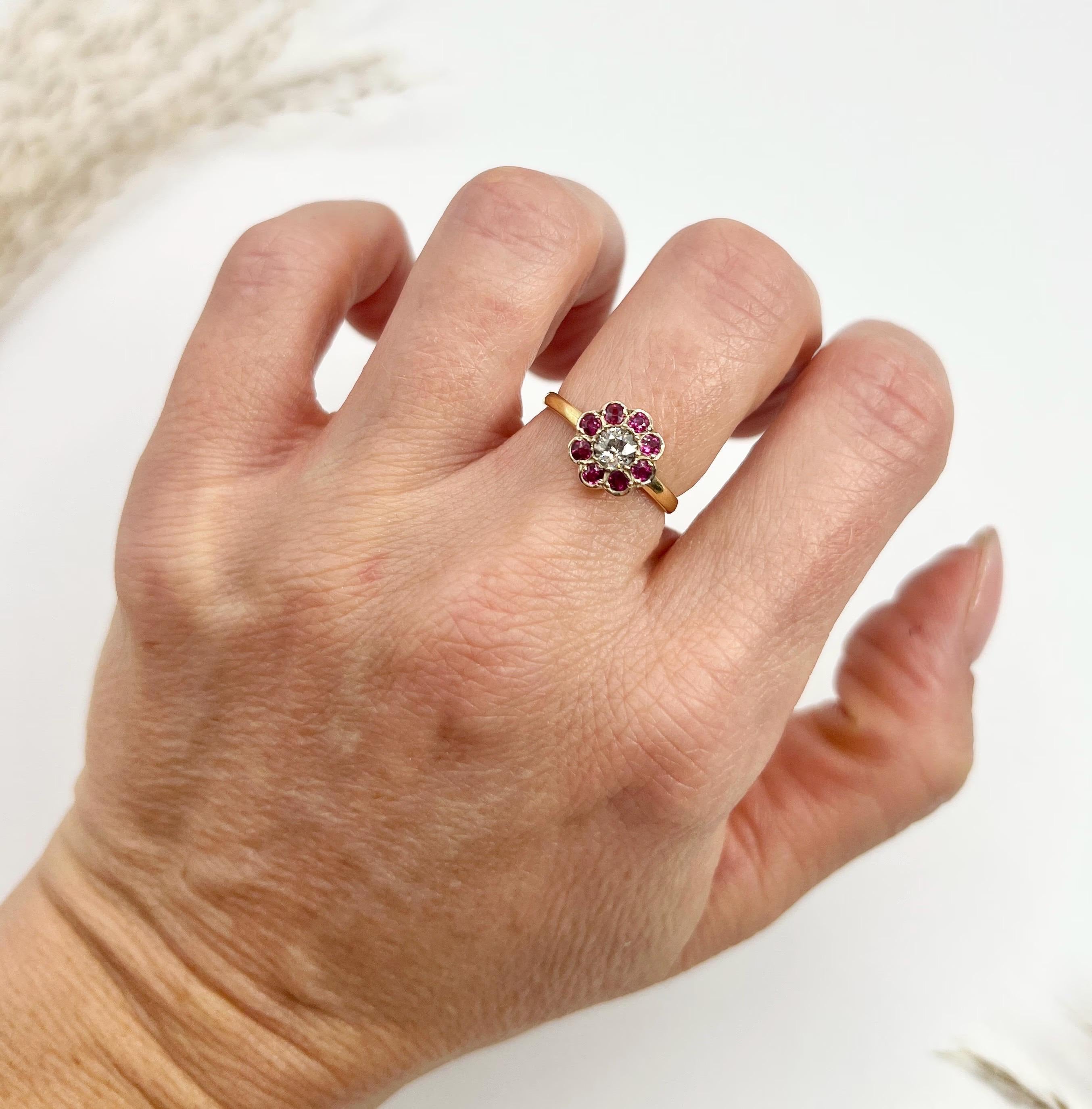 Old European Cut Antique 18ct Yellow Gold, Victorian Ruby & Diamond Daisy Cluster Ring