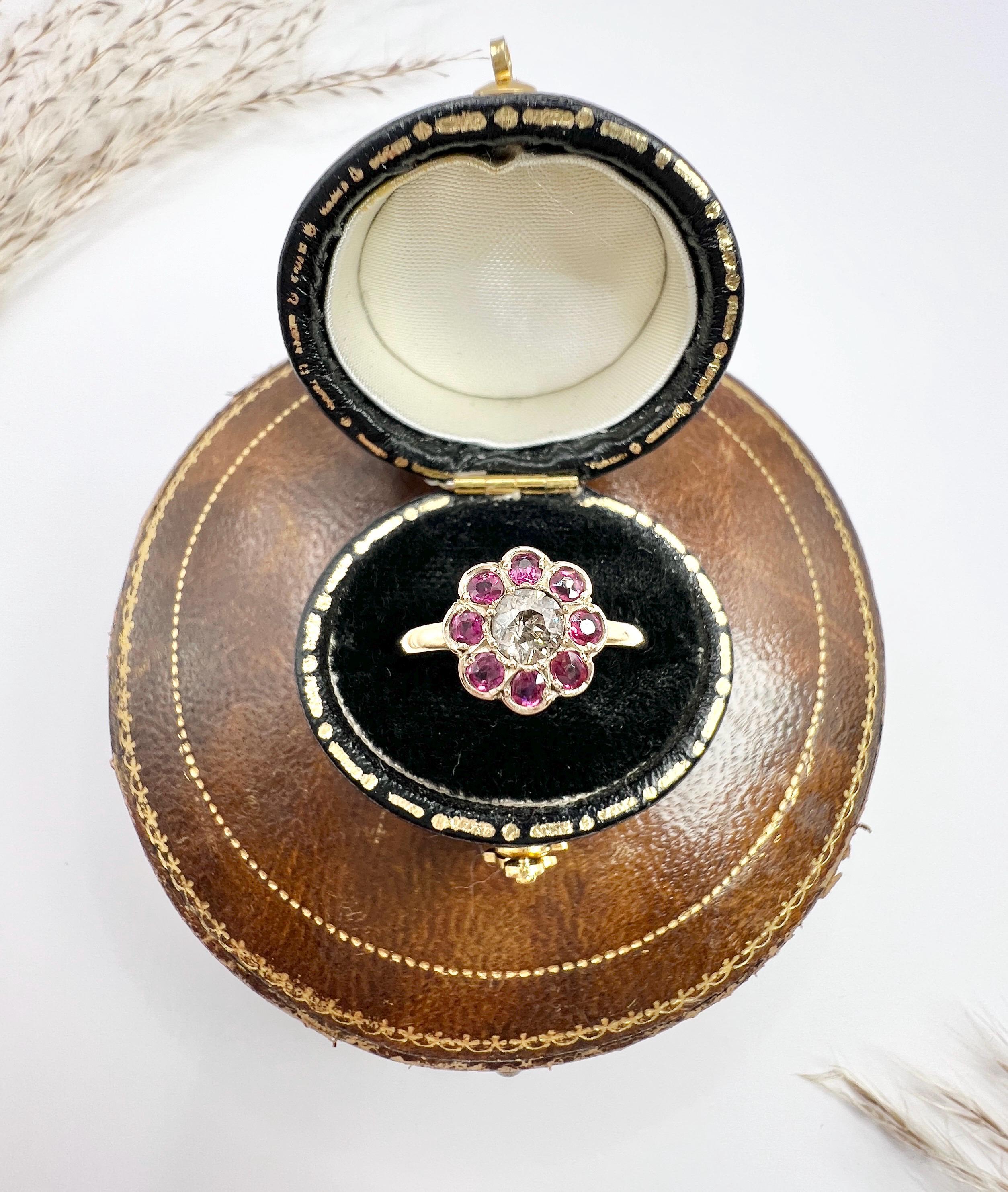 Antique 18ct Yellow Gold, Victorian Ruby & Diamond Daisy Cluster Ring In Good Condition In Brighton, GB