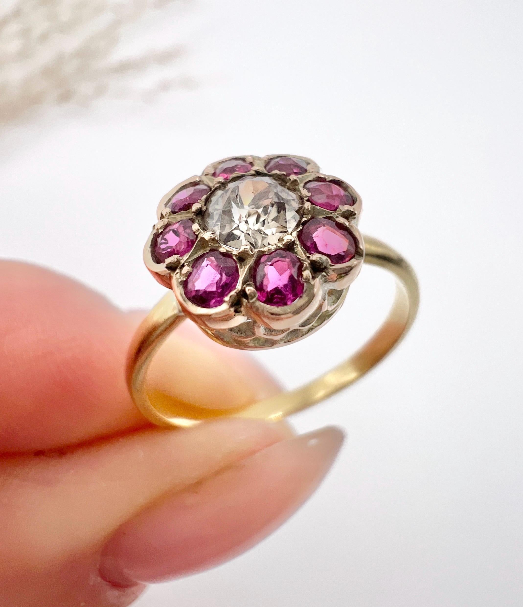 Women's or Men's Antique 18ct Yellow Gold, Victorian Ruby & Diamond Daisy Cluster Ring