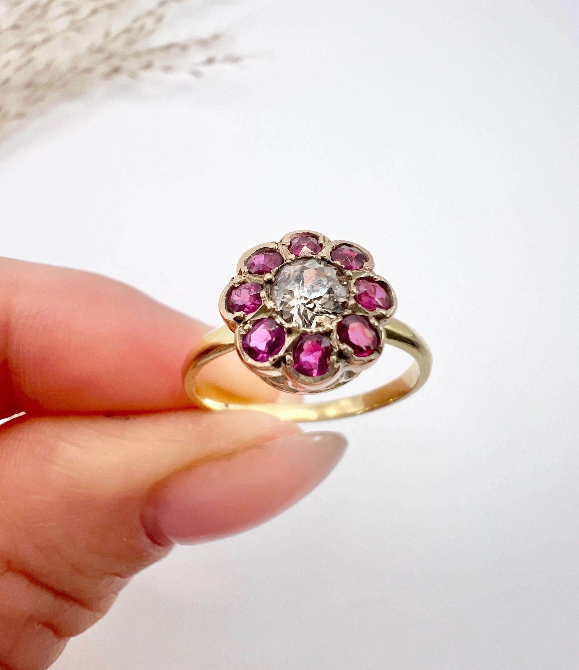 Antique 18ct Yellow Gold, Victorian Ruby & Diamond Daisy Cluster Ring 1