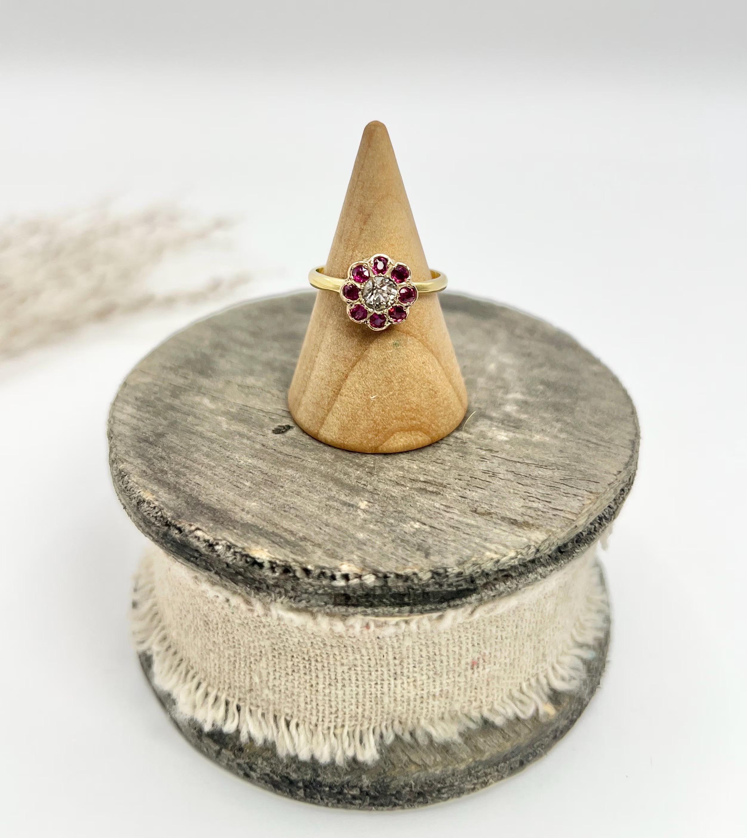 Antique 18ct Yellow Gold, Victorian Ruby & Diamond Daisy Cluster Ring 2