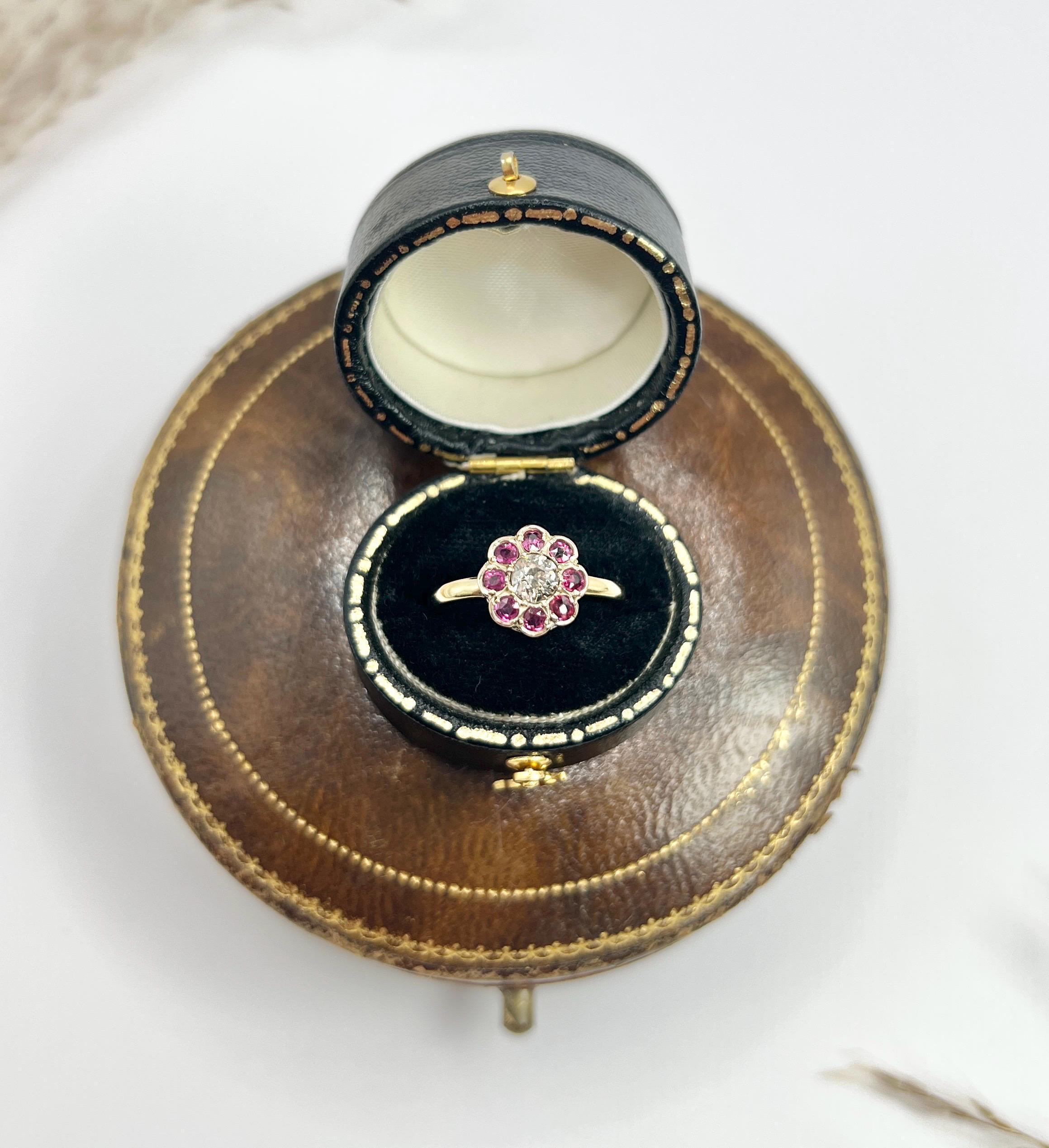 Antique 18ct Yellow Gold, Victorian Ruby & Diamond Daisy Cluster Ring 4