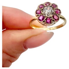 Antique 18ct Yellow Gold, Victorian Ruby & Diamond Daisy Cluster Ring