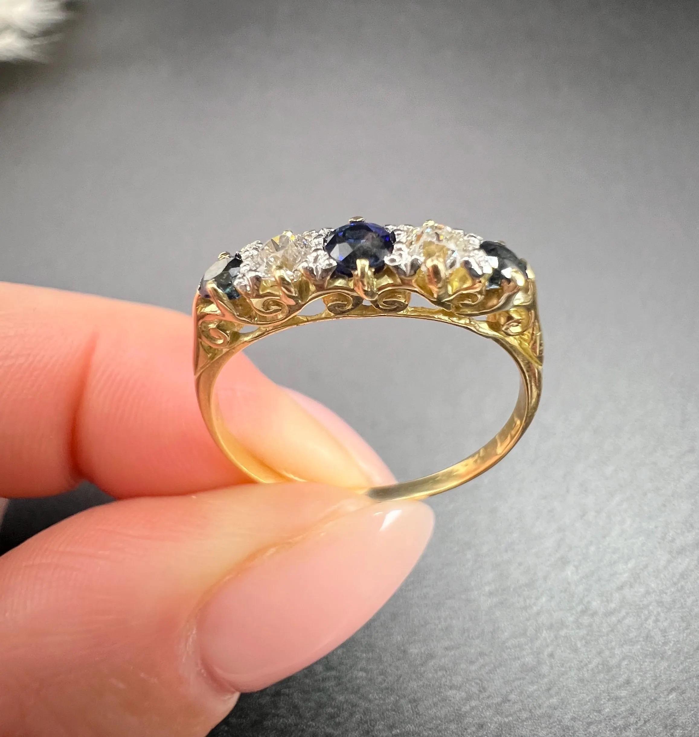 Antique 18ct Yellow Gold, Victorian Sapphire & Diamond Carved Five Stone Ring For Sale 5