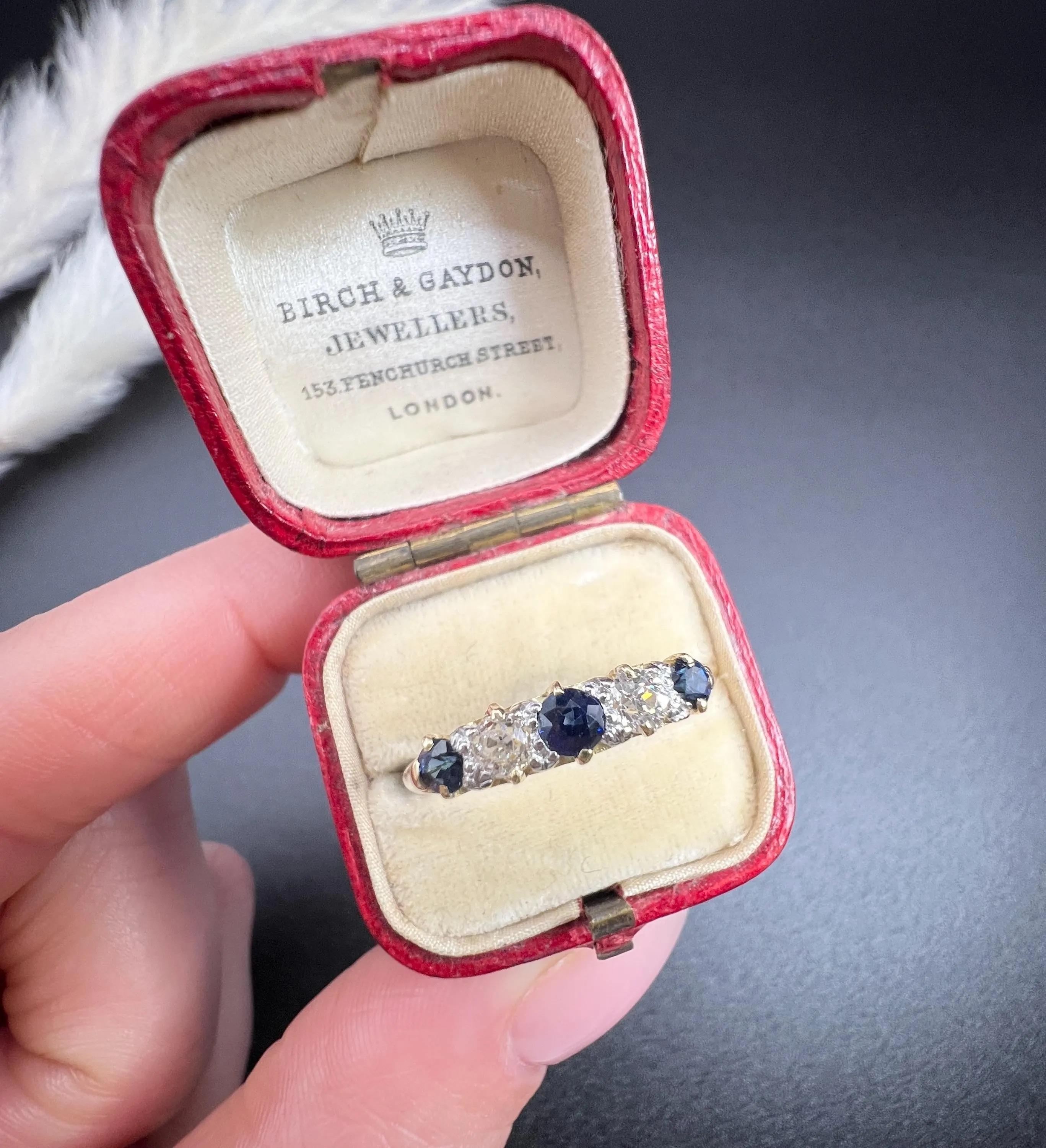 Old European Cut Antique 18ct Yellow Gold, Victorian Sapphire & Diamond Carved Five Stone Ring For Sale