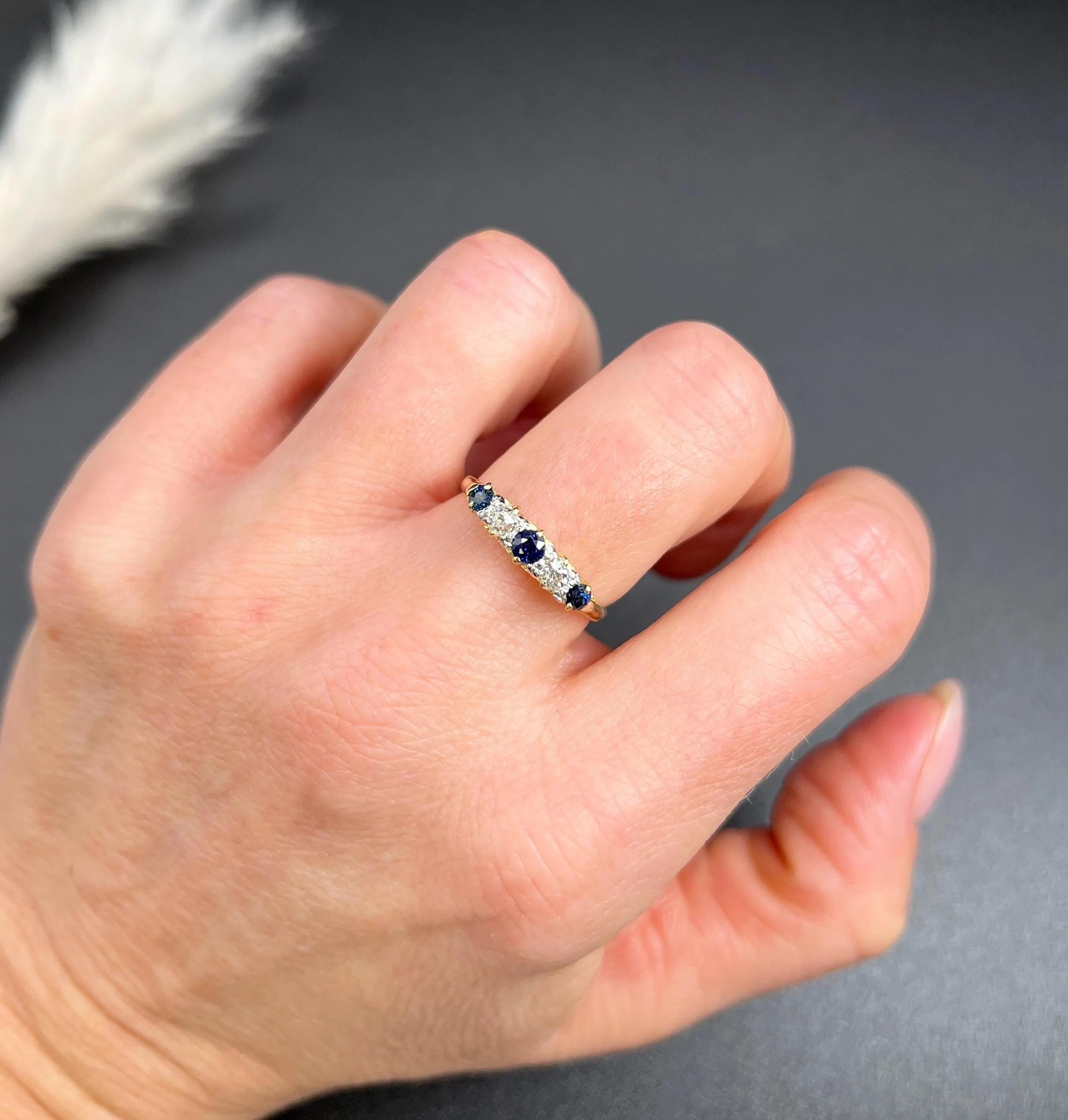 Women's or Men's Antique 18ct Yellow Gold, Victorian Sapphire & Diamond Carved Five Stone Ring For Sale