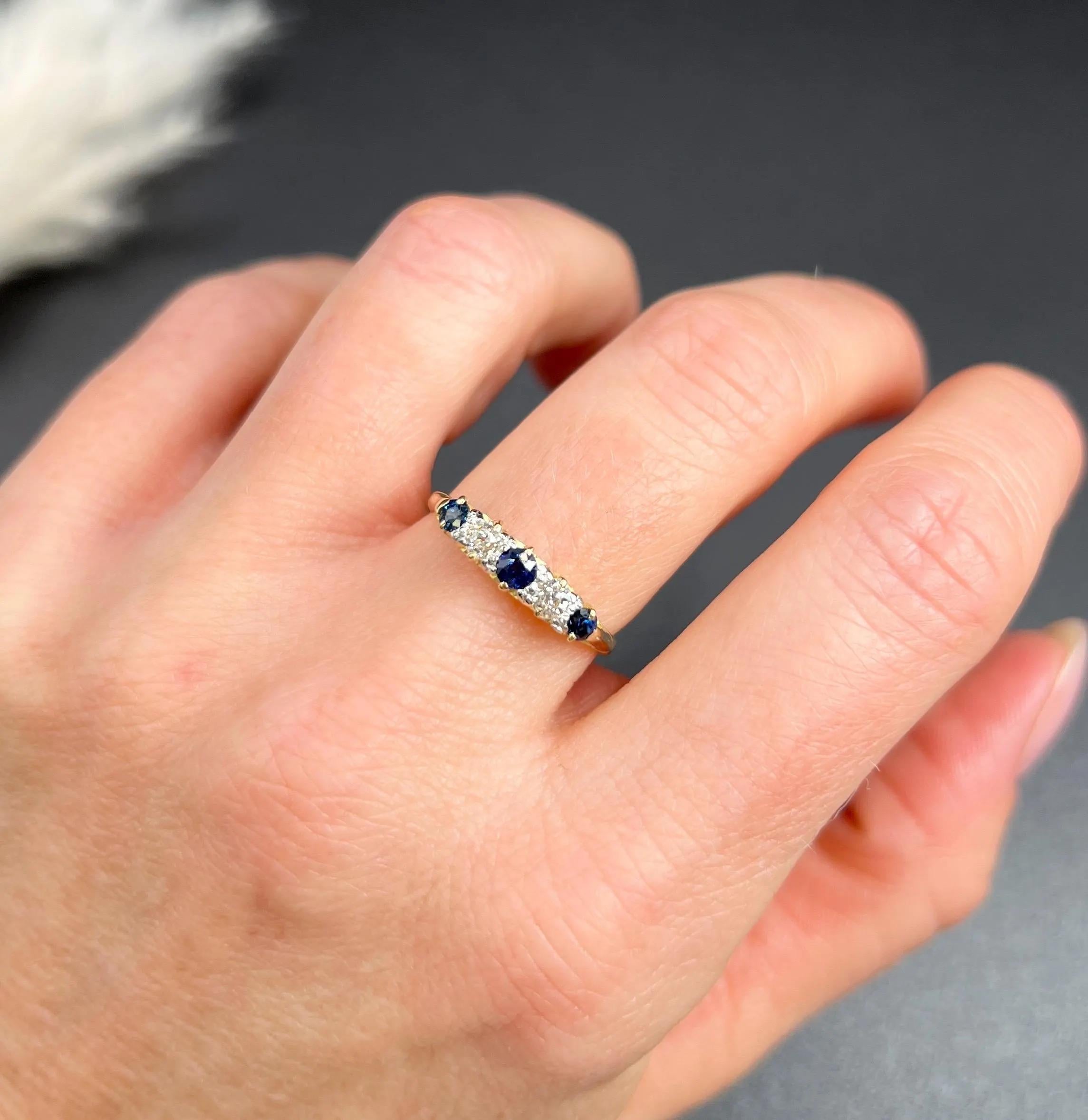 Antique 18ct Yellow Gold, Victorian Sapphire & Diamond Carved Five Stone Ring For Sale 2