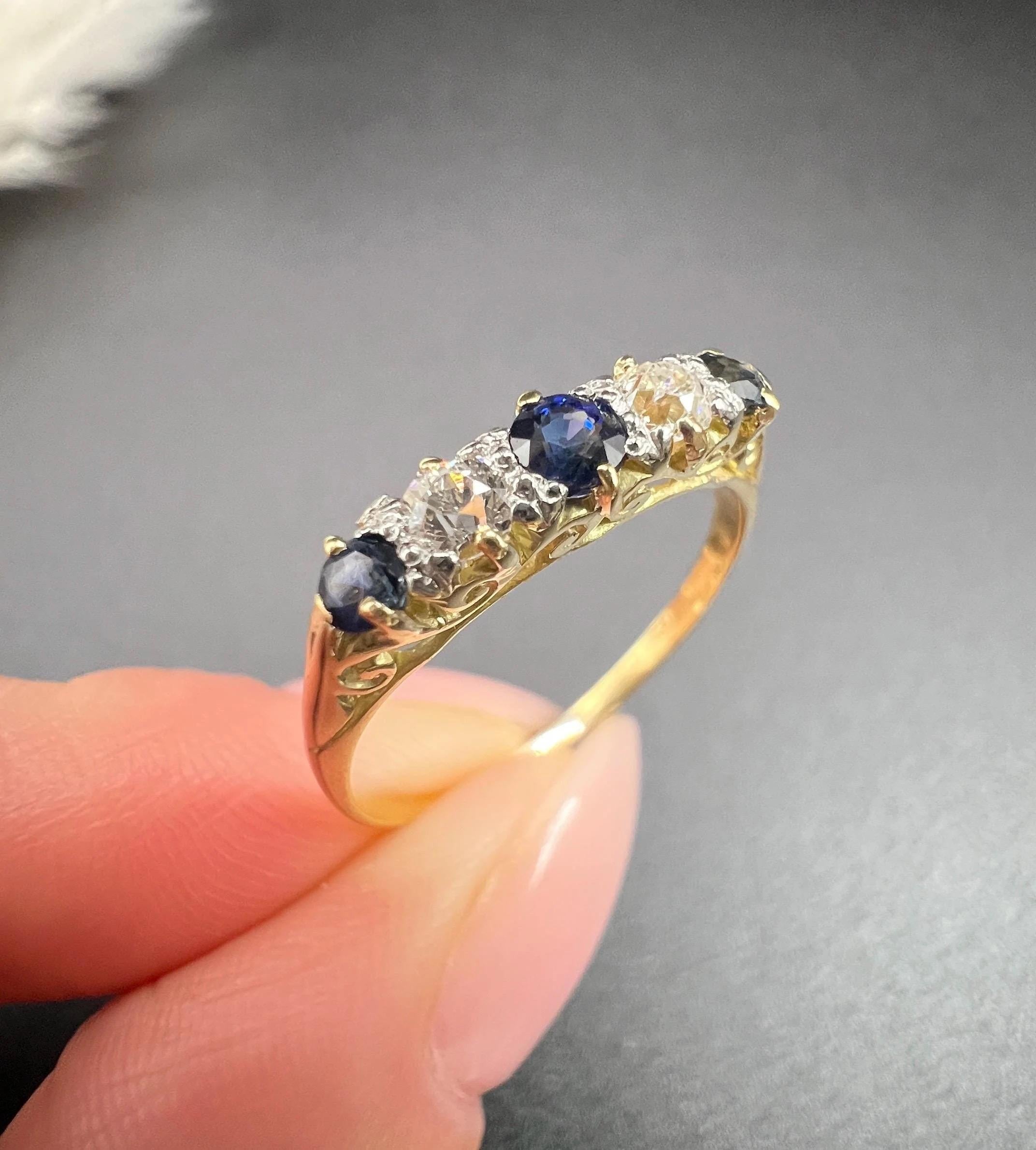 Antique 18ct Yellow Gold, Victorian Sapphire & Diamond Carved Five Stone Ring For Sale 3
