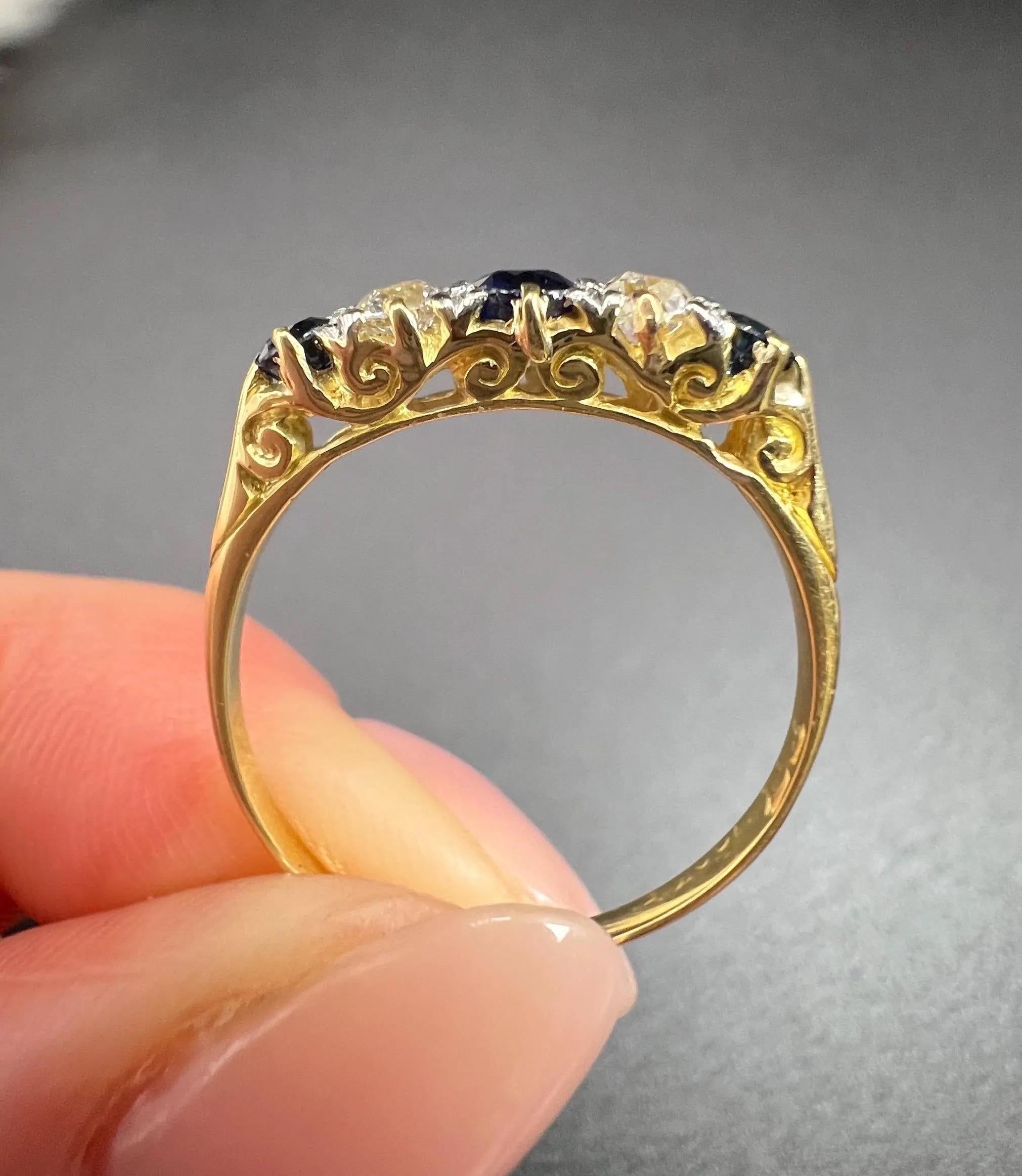 Antique 18ct Yellow Gold, Victorian Sapphire & Diamond Carved Five Stone Ring For Sale 4