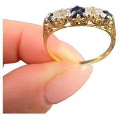 Antique 18ct Yellow Gold, Victorian Sapphire & Diamond Carved Five Stone Ring