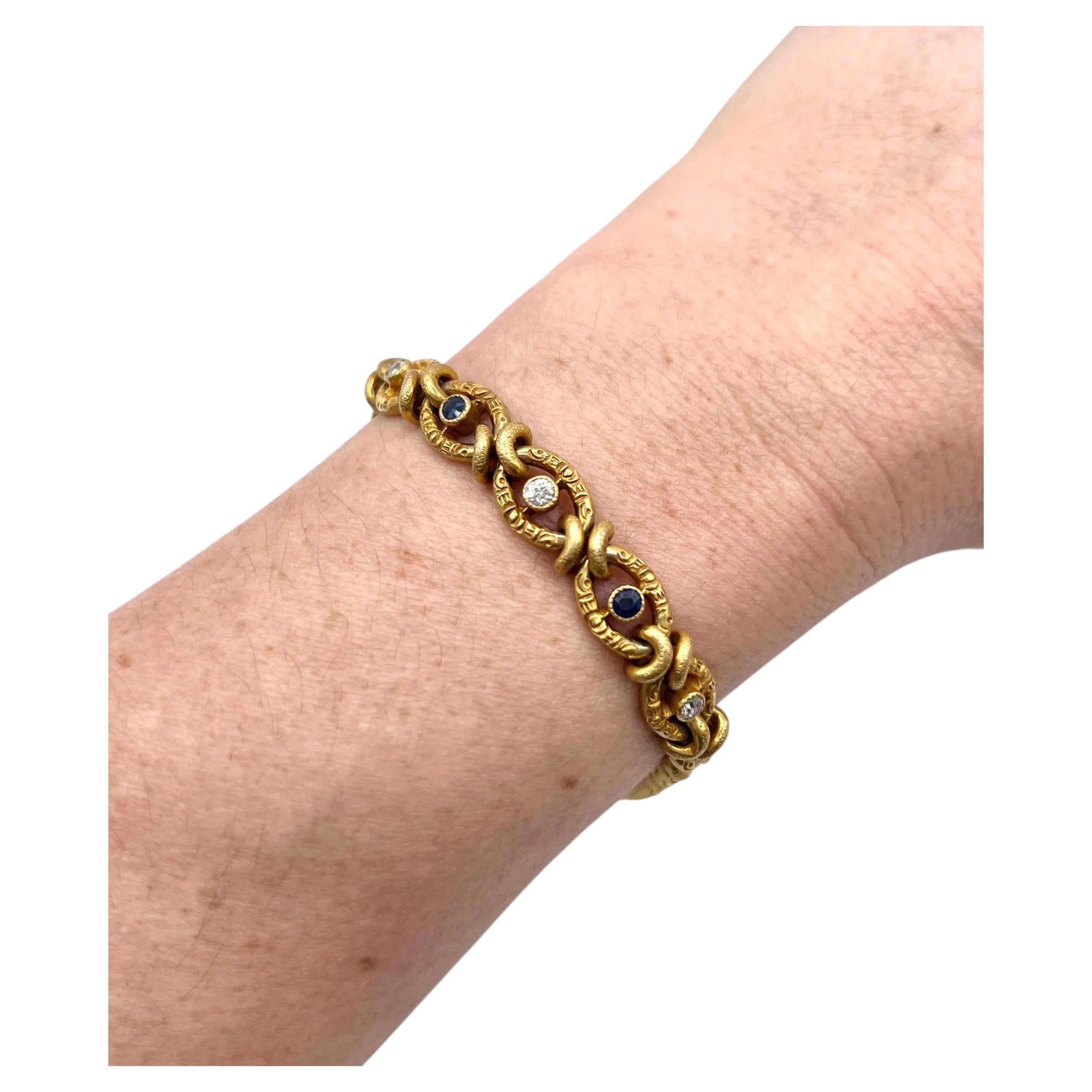 Antiguo brazalete de eslabones de oro amarillo de 18 ct, zafiro victoriano y diamantes