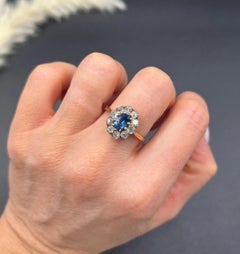 Antique 18ct Yellow Gold, Victorian Sapphire & Diamond Oval Cluster Ring