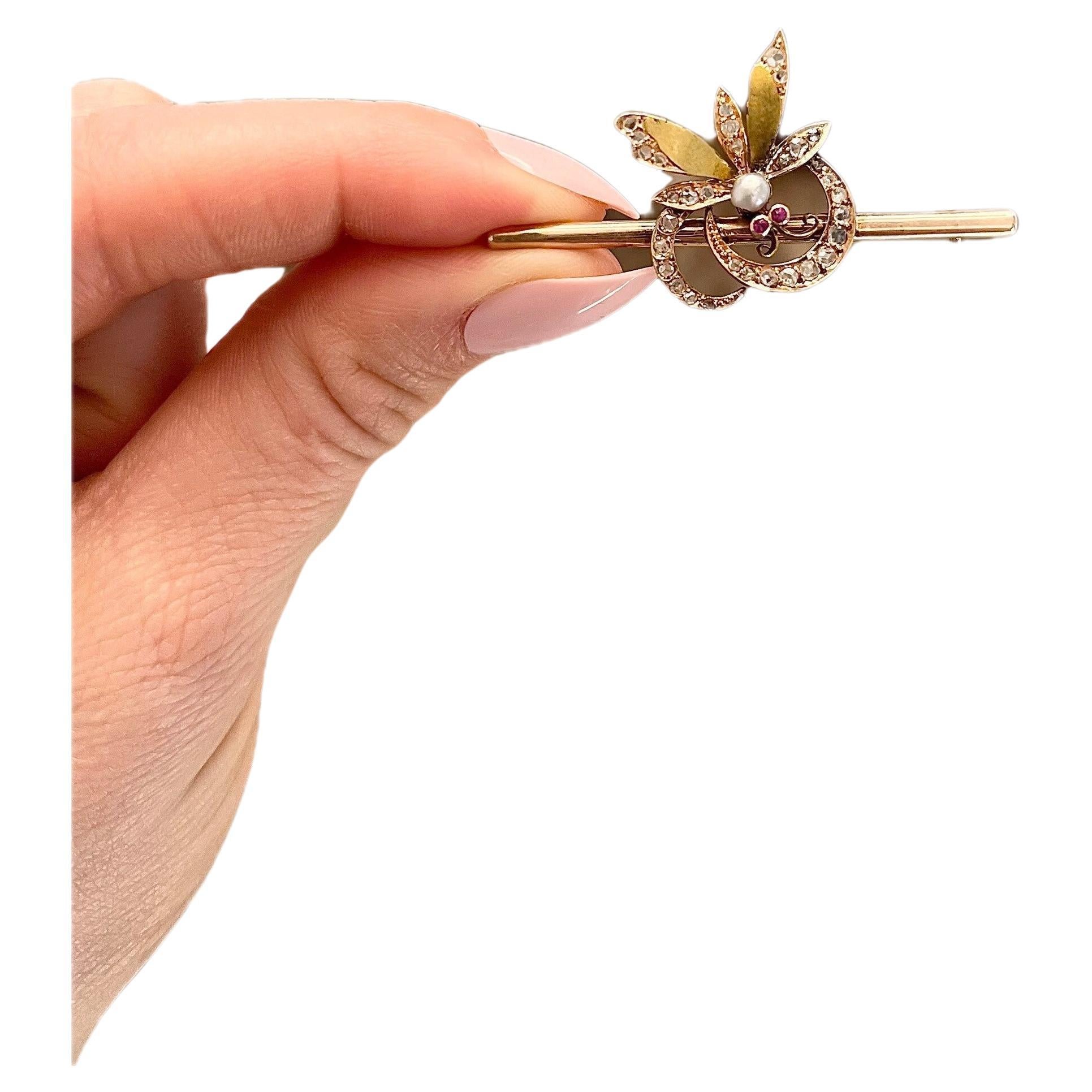 Antique 18ct Yellow & Rose Gold Victorian Ruby, Diamond & Pearl Insect Brooch For Sale