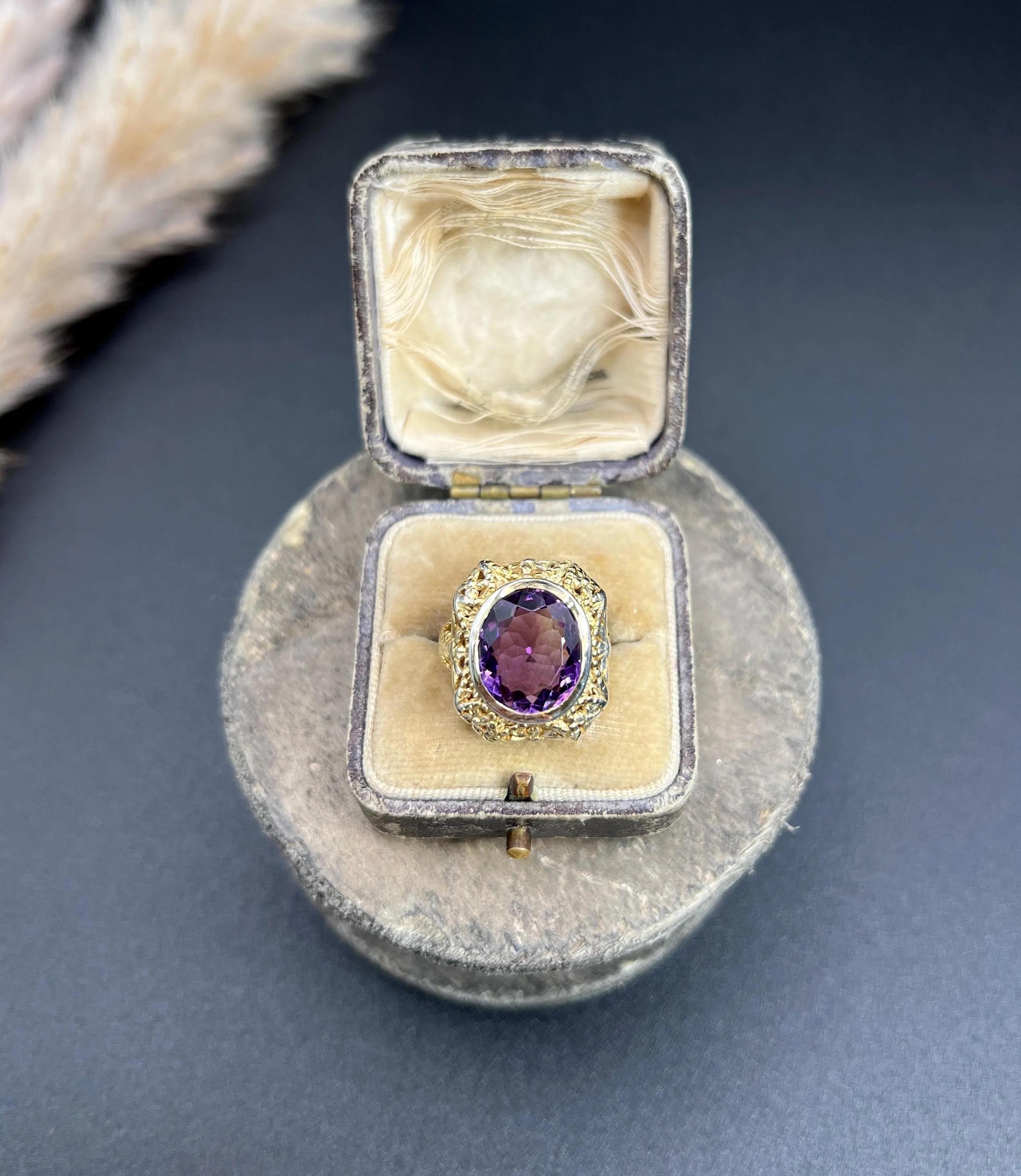Antique 18ct Yellow & White Gold Art Nouveau Oval Amethyst Ring For Sale 8