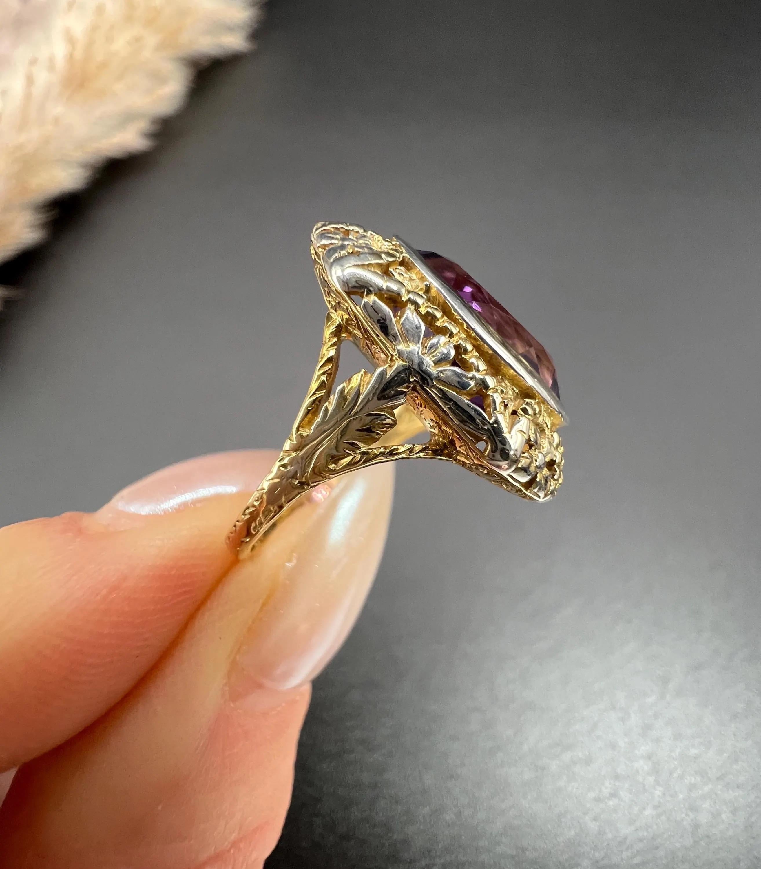 Oval Cut Antique 18ct Yellow & White Gold Art Nouveau Oval Amethyst Ring For Sale