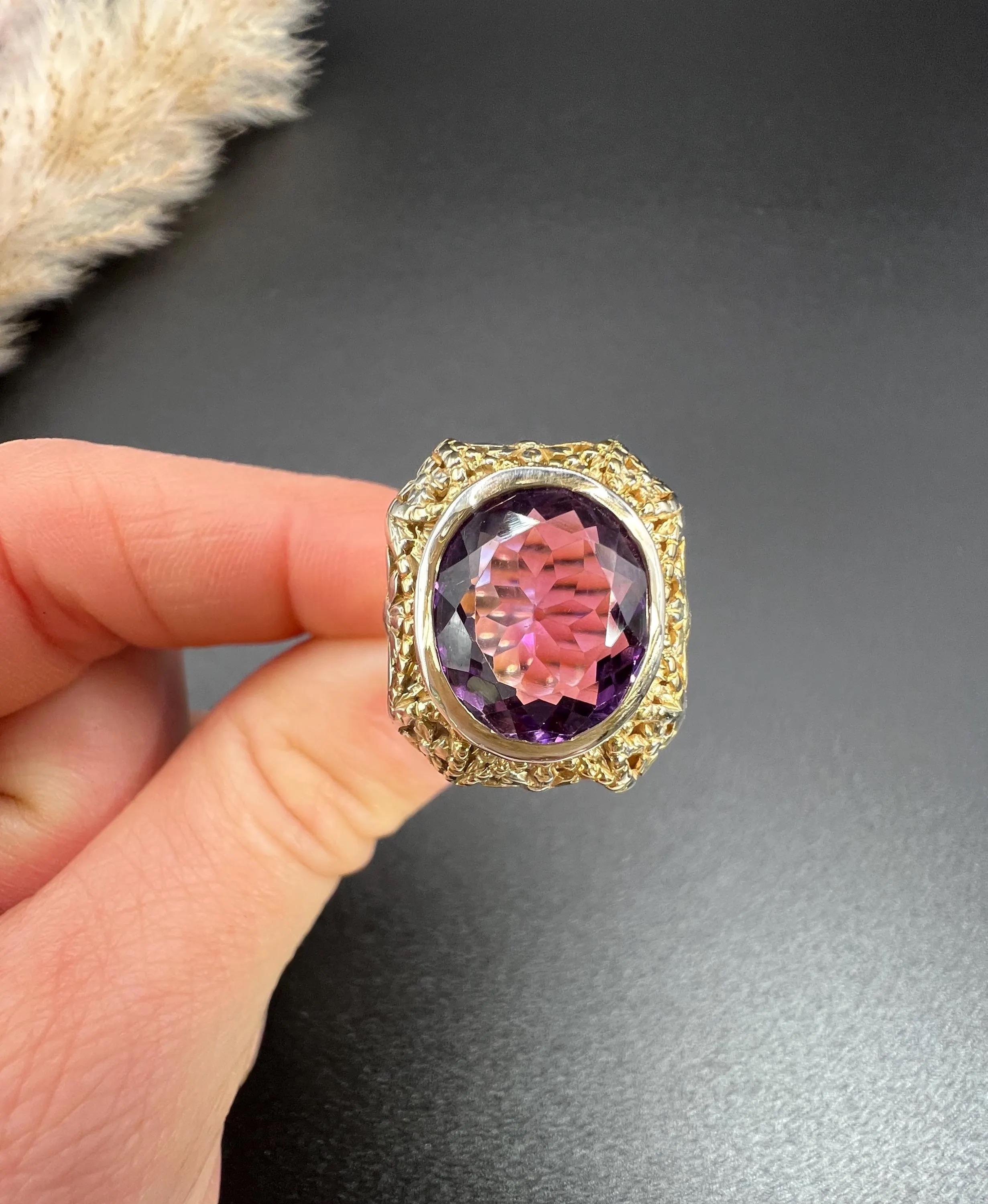 Antique 18ct Yellow & White Gold Art Nouveau Oval Amethyst Ring For Sale 2