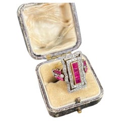 Antiker 18ct Gelb & Weißgold, Edwardian Fancy Rectangular Ruby Diamond Ring