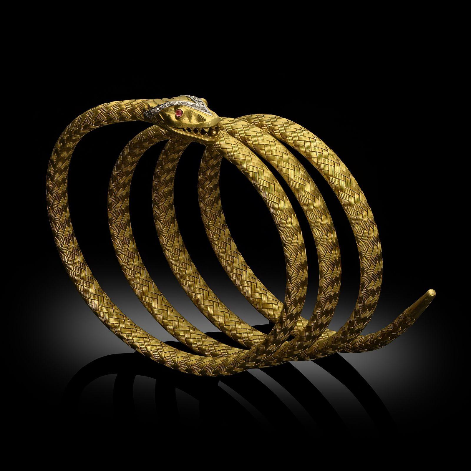 Old Mine Cut Antique 18ct Yellow Woven Gold and Diamond Snake Bracelet Circa 1870