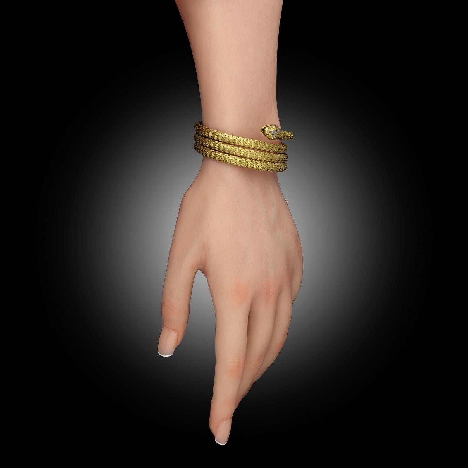 Antique 18ct Yellow Woven Gold and Diamond Snake Bracelet Circa 1870 In Good Condition In London, GB