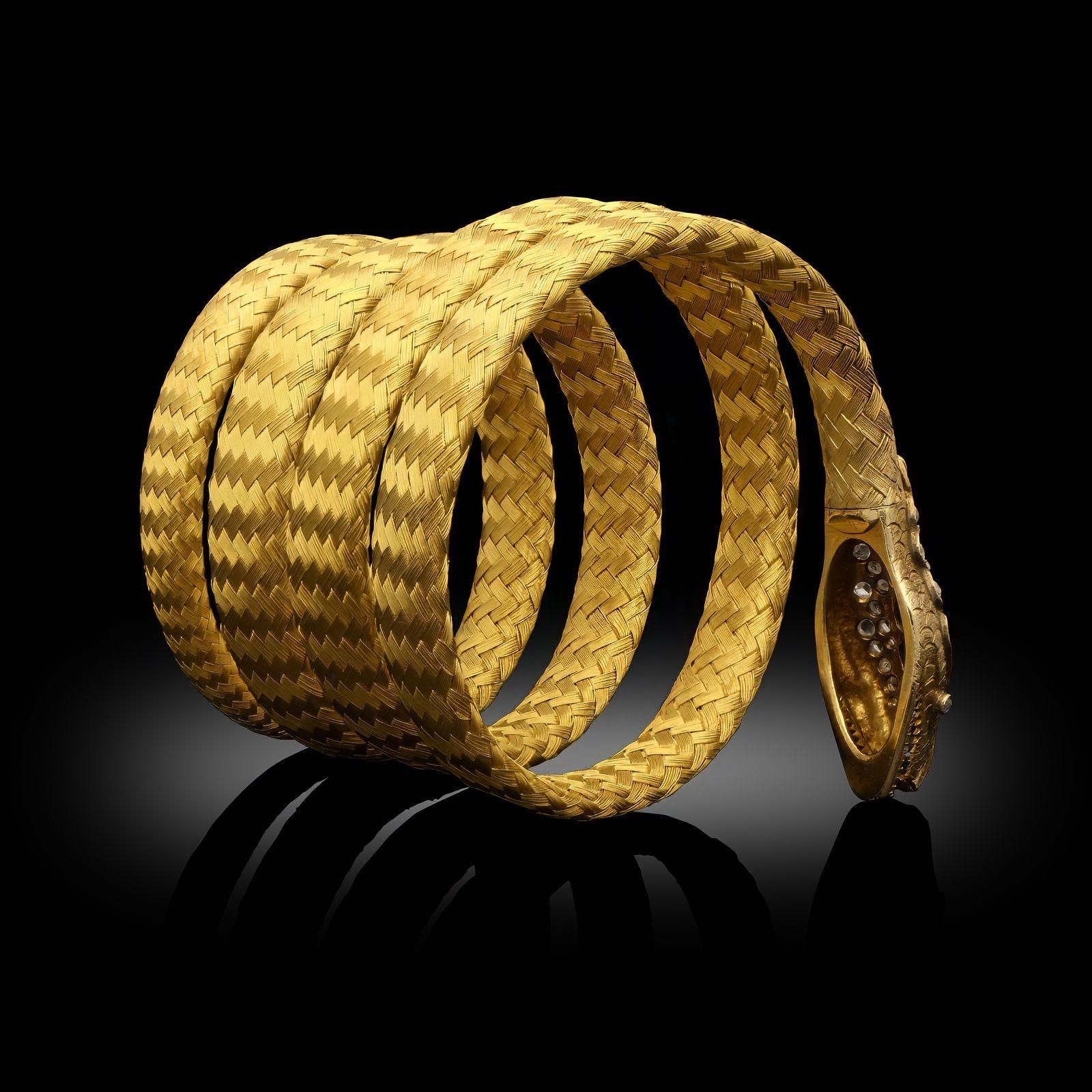 Antique Cushion Cut Antique 18ct Yellow Woven Gold, Sapphire and Diamond Snake Bracelet Circa 1880 For Sale
