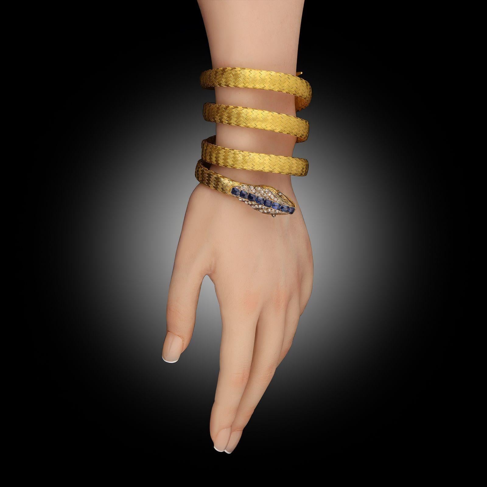 Antique 18ct Yellow Woven Gold, Sapphire and Diamond Snake Bracelet Circa 1880 In Good Condition For Sale In London, GB