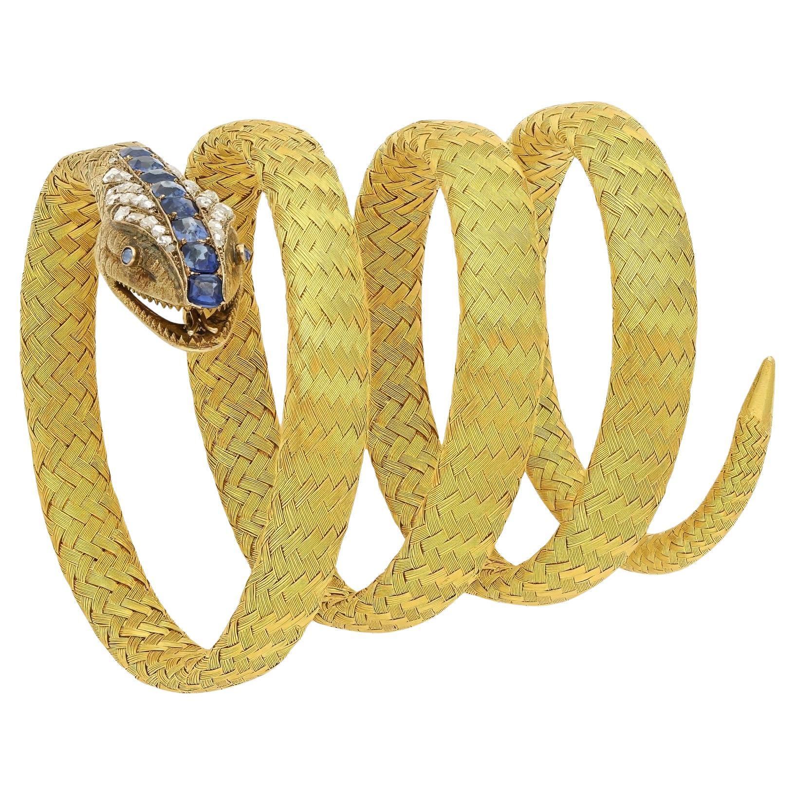 Antique 18ct Yellow Woven Gold, Sapphire and Diamond Snake Bracelet Circa 1880 For Sale