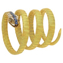 Antique 18ct Yellow Woven Gold, Sapphire and Diamond Snake Bracelet Circa 1880