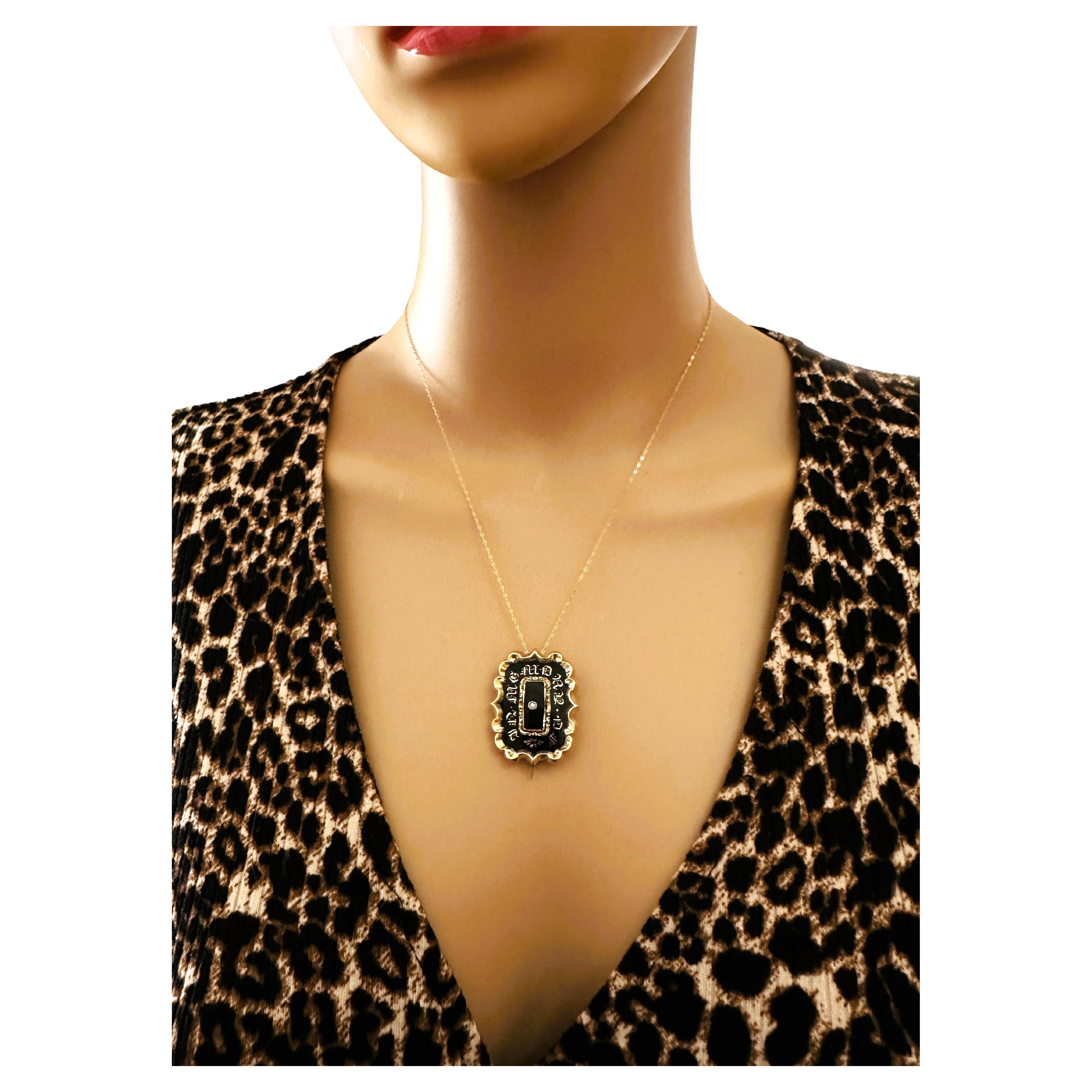 Antique pendentif épingle de deuil en diamant 18k & 14k avec chaîne en or jaune 14k 18".
