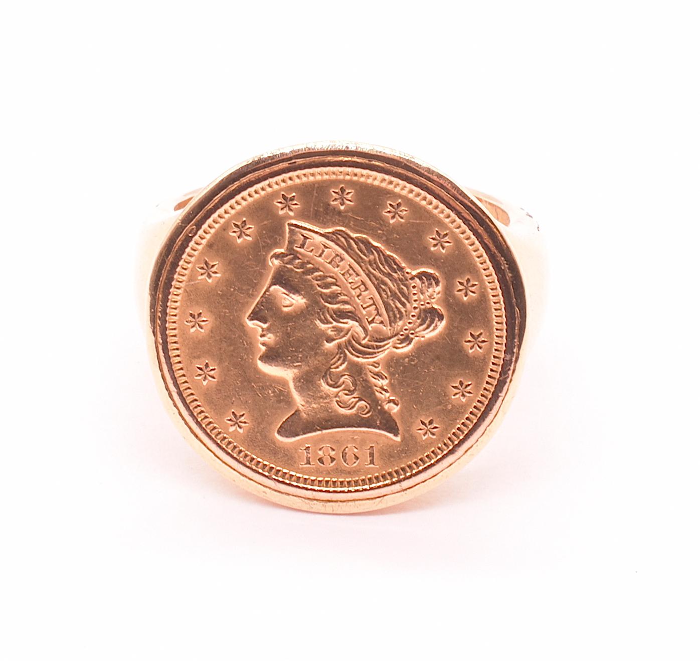 This ring is an interesting crossover between American Colonial and English Victorian.  The ring has as its face a  $2.50 Coronet head Liberty coin from 1861 and is wrapped in a polished 18K English mount. Minted in Denver, our American Liberty coin