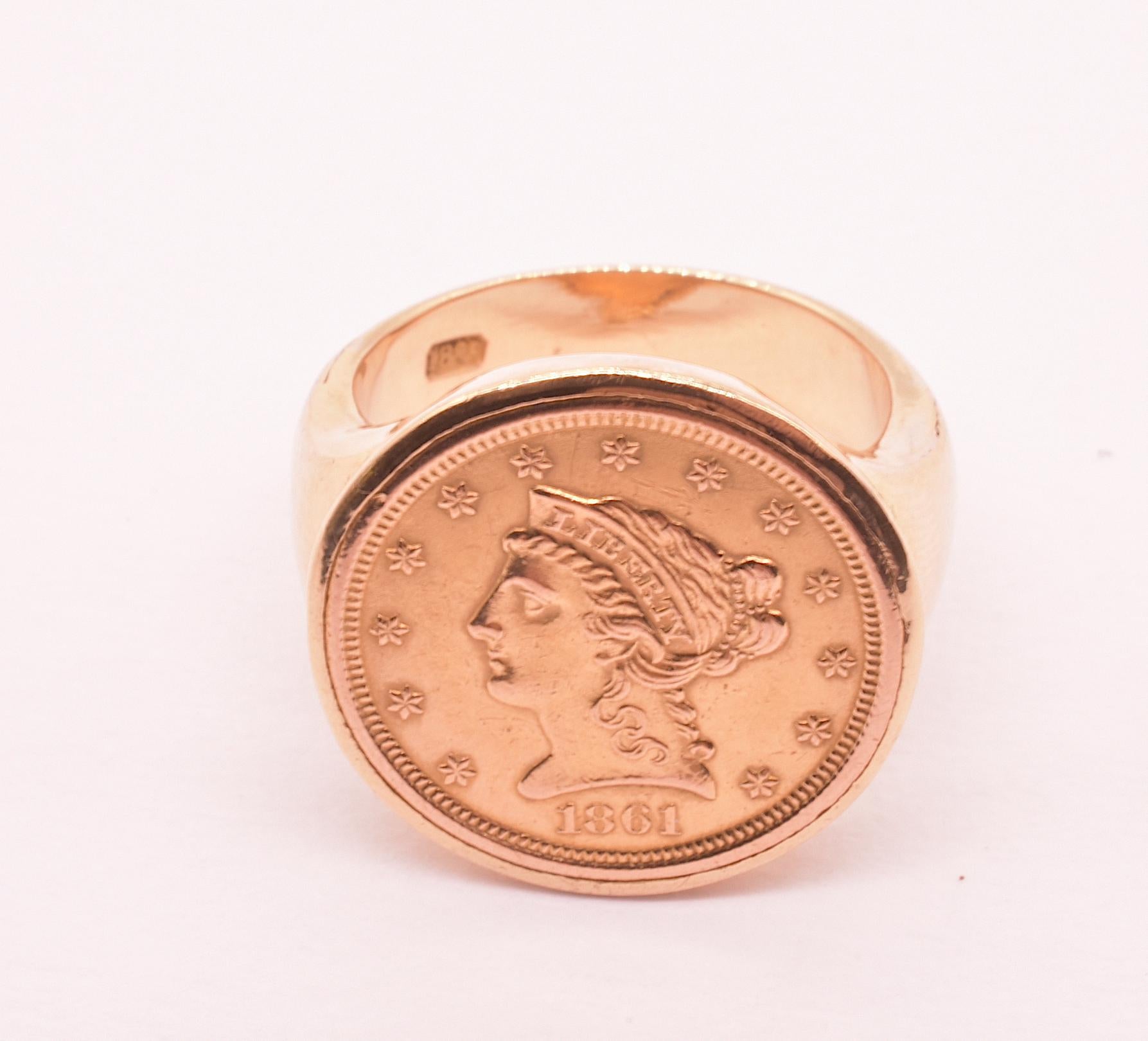 Antique 18K, 1861 American Liberty $2.50 Coin Signet Ring   In Excellent Condition In Baltimore, MD