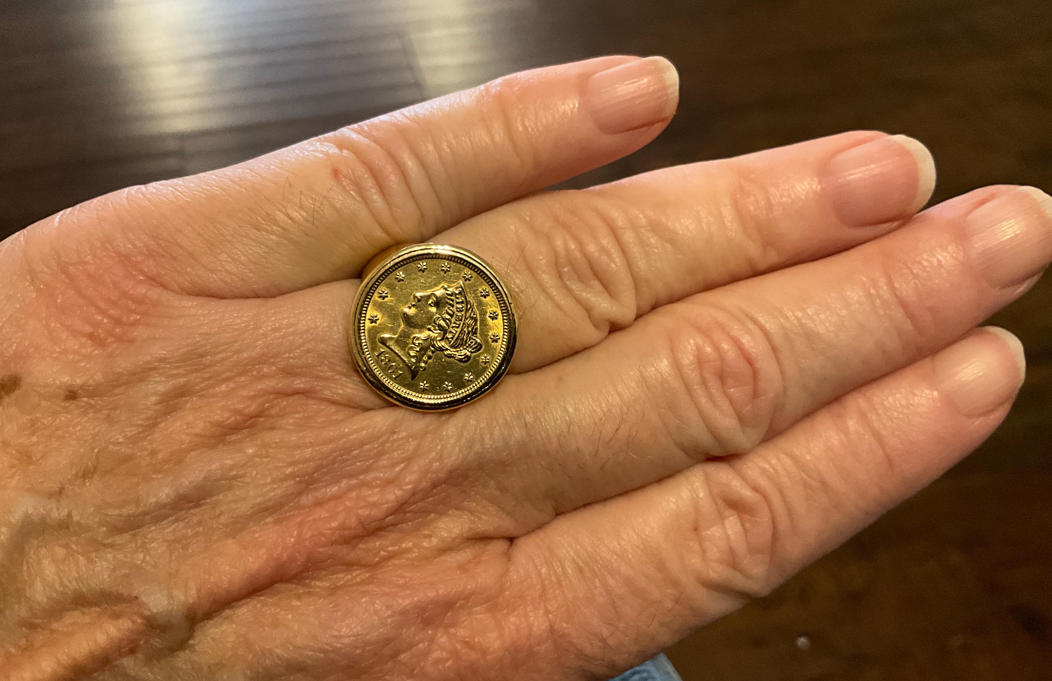 Antique 18K, 1861 American Liberty $2.50 Coin Signet Ring   3