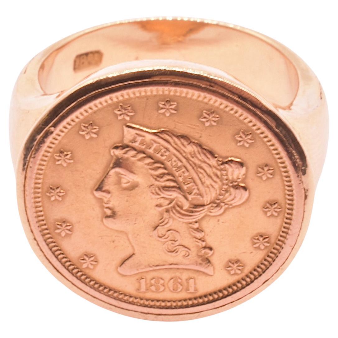 Antique 18K, 1861 American Liberty $2.50 Coin Signet Ring  