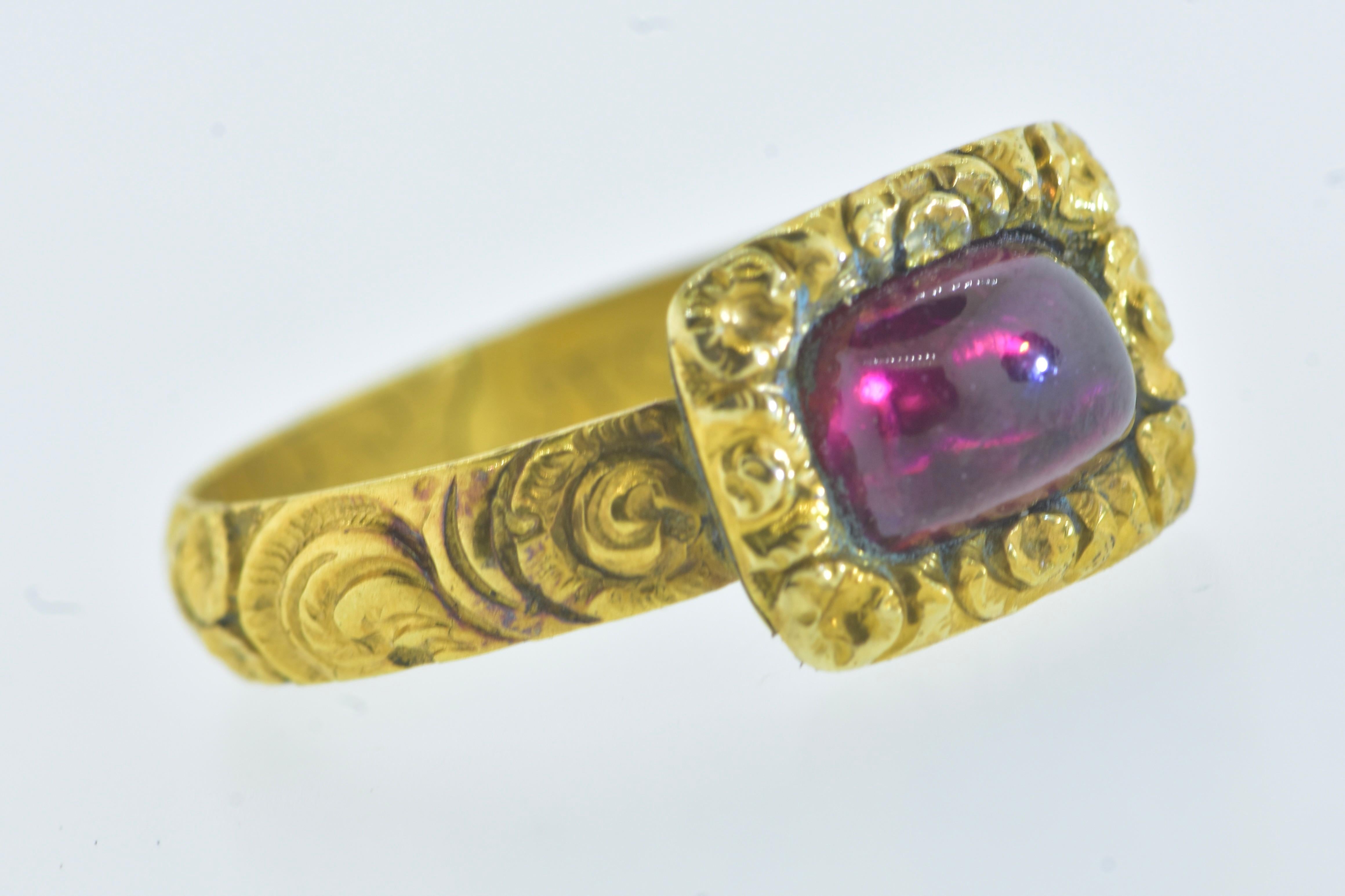 George II Antique 18K and Garnet Ring,  Inscribed and dated 1712-1765.