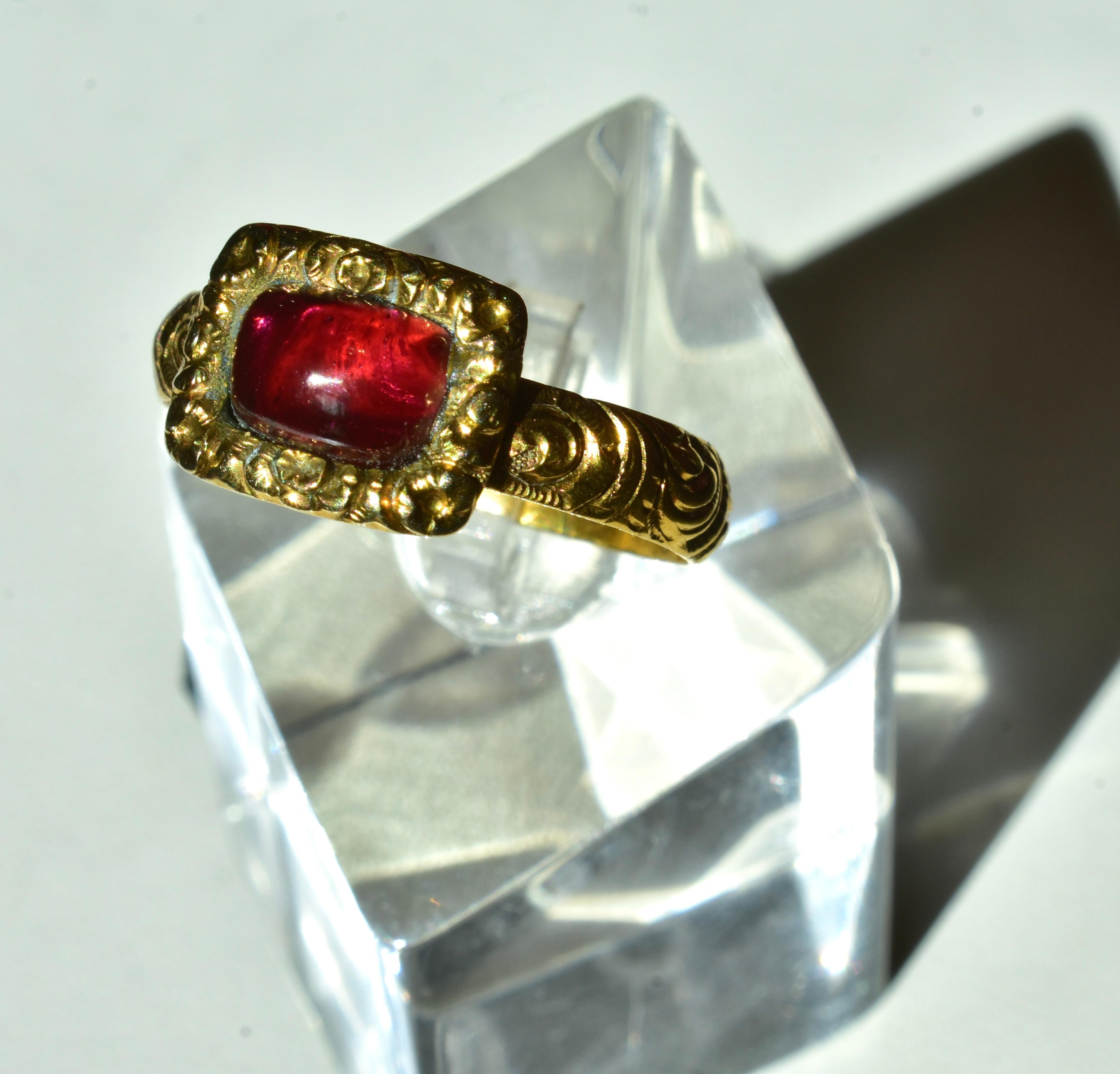 Women's or Men's Antique 18K and Garnet Ring,  Inscribed and dated 1712-1765.