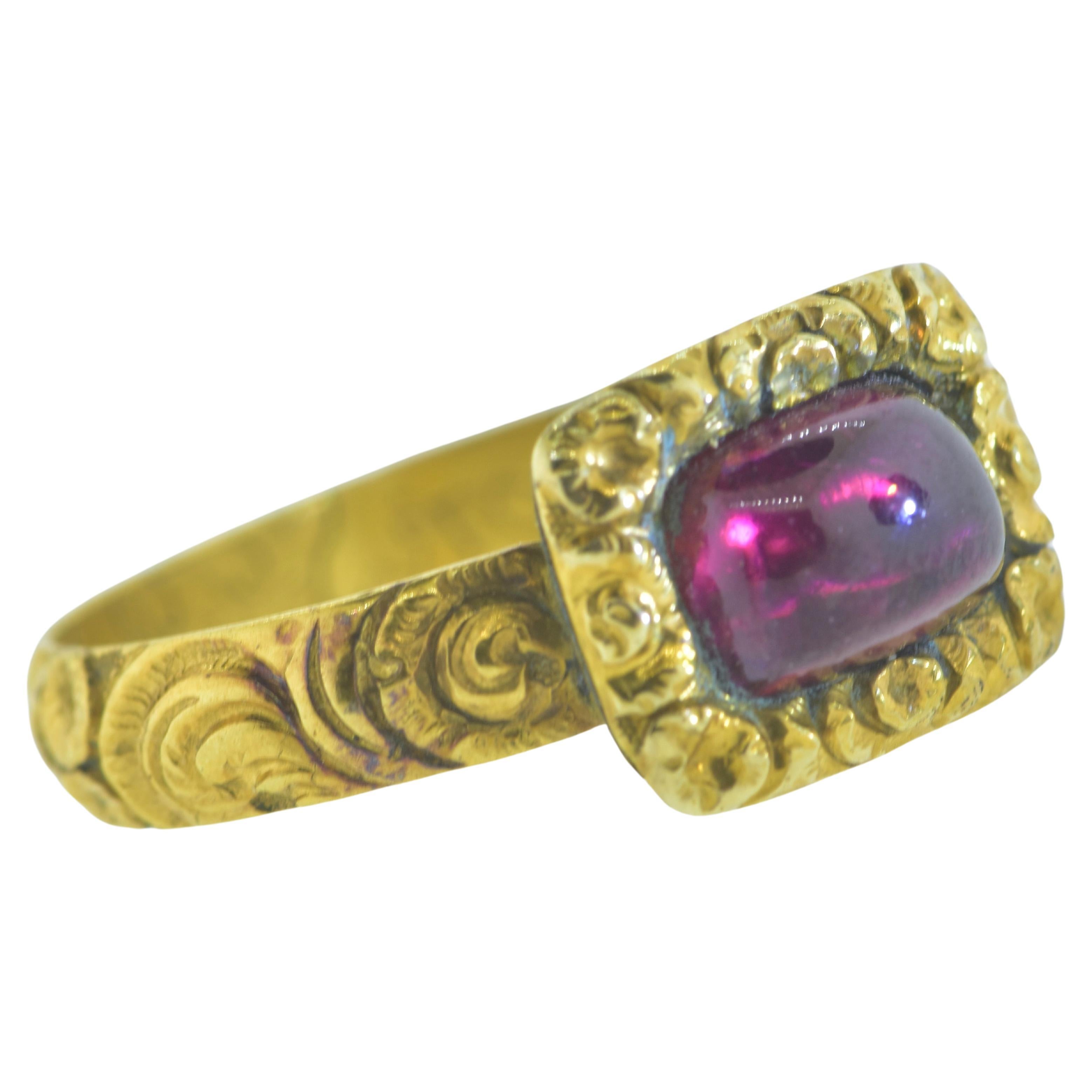 Antique 18K and Garnet Ring,  Inscribed and dated 1712-1765.