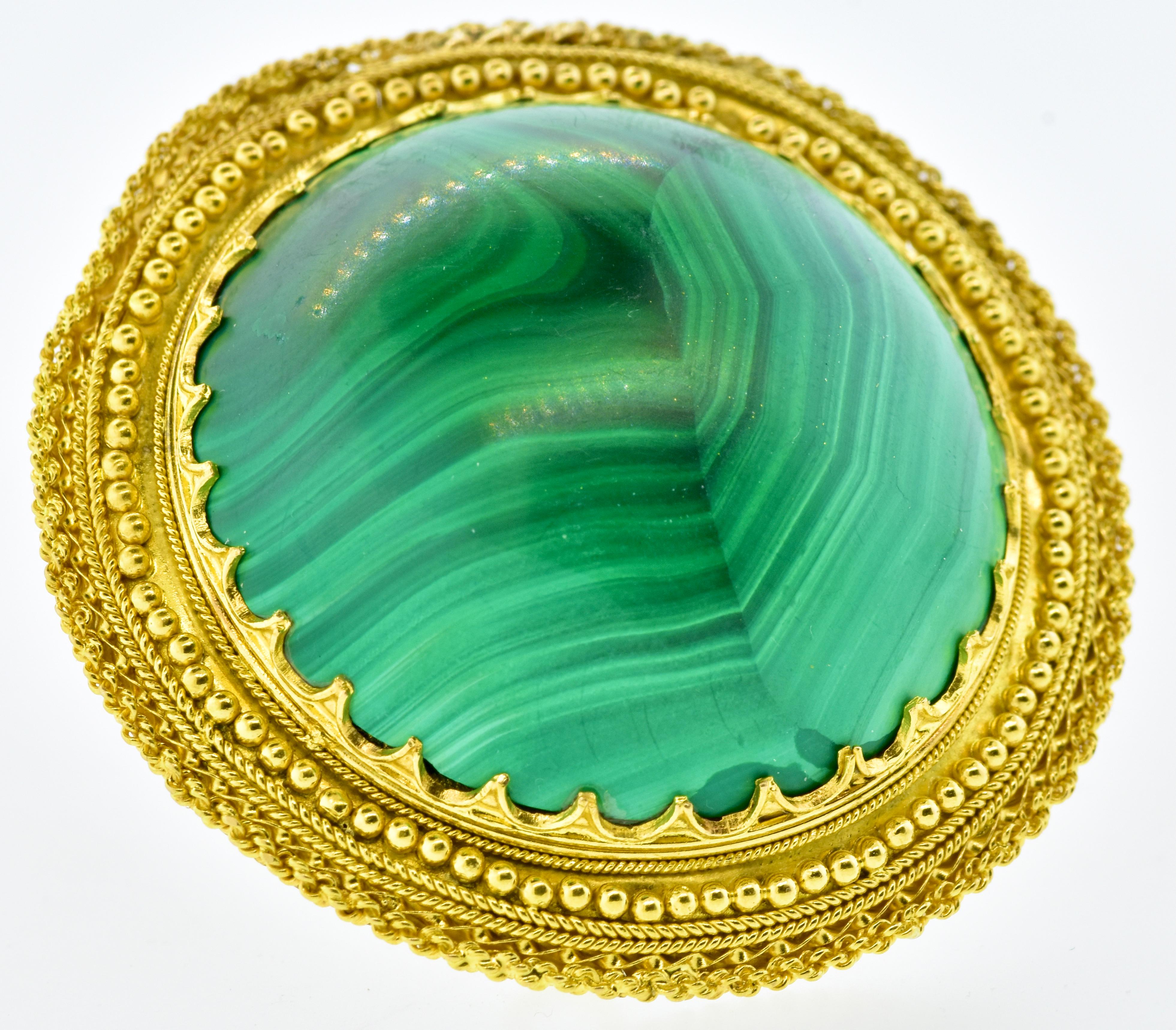 Etruscan Revival Antique 18K and Malachite Large Brooch, c. 1880