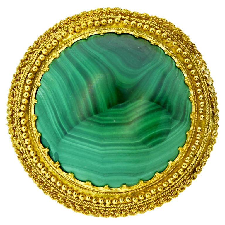 Antique 18K and Malachite Large Brooch, c. 1880 For Sale