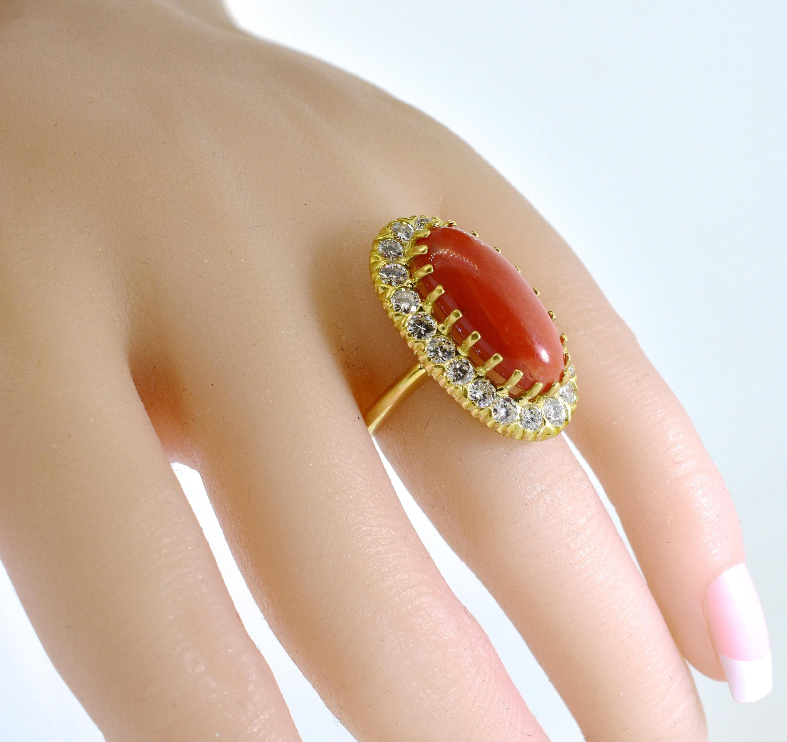 Old European Cut Antique 18K and Oxblood Red Coral and Diamond Ring, circa 1960 For Sale