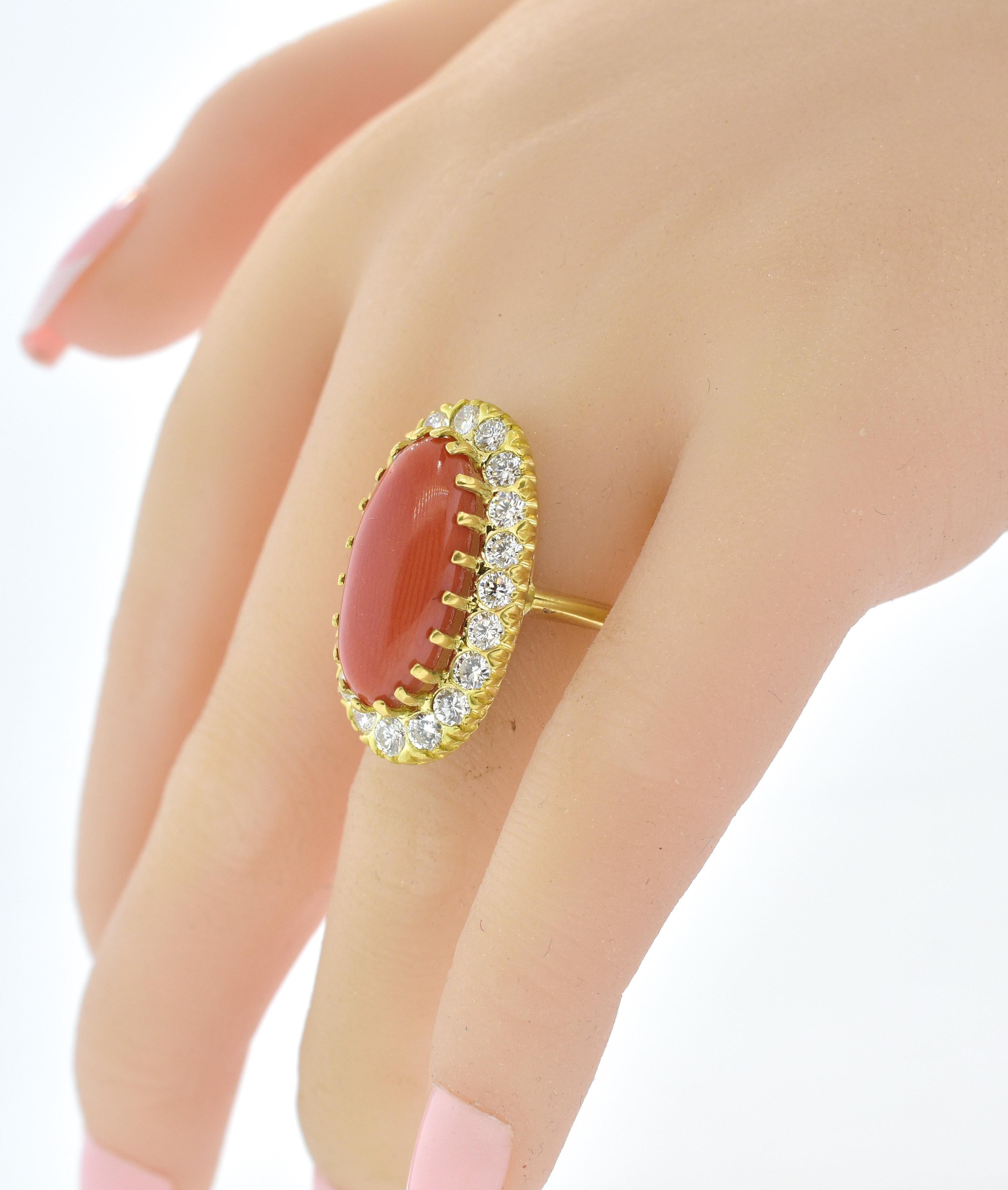 Women's or Men's Antique 18K and Oxblood Red Coral and Diamond Ring, circa 1960 For Sale