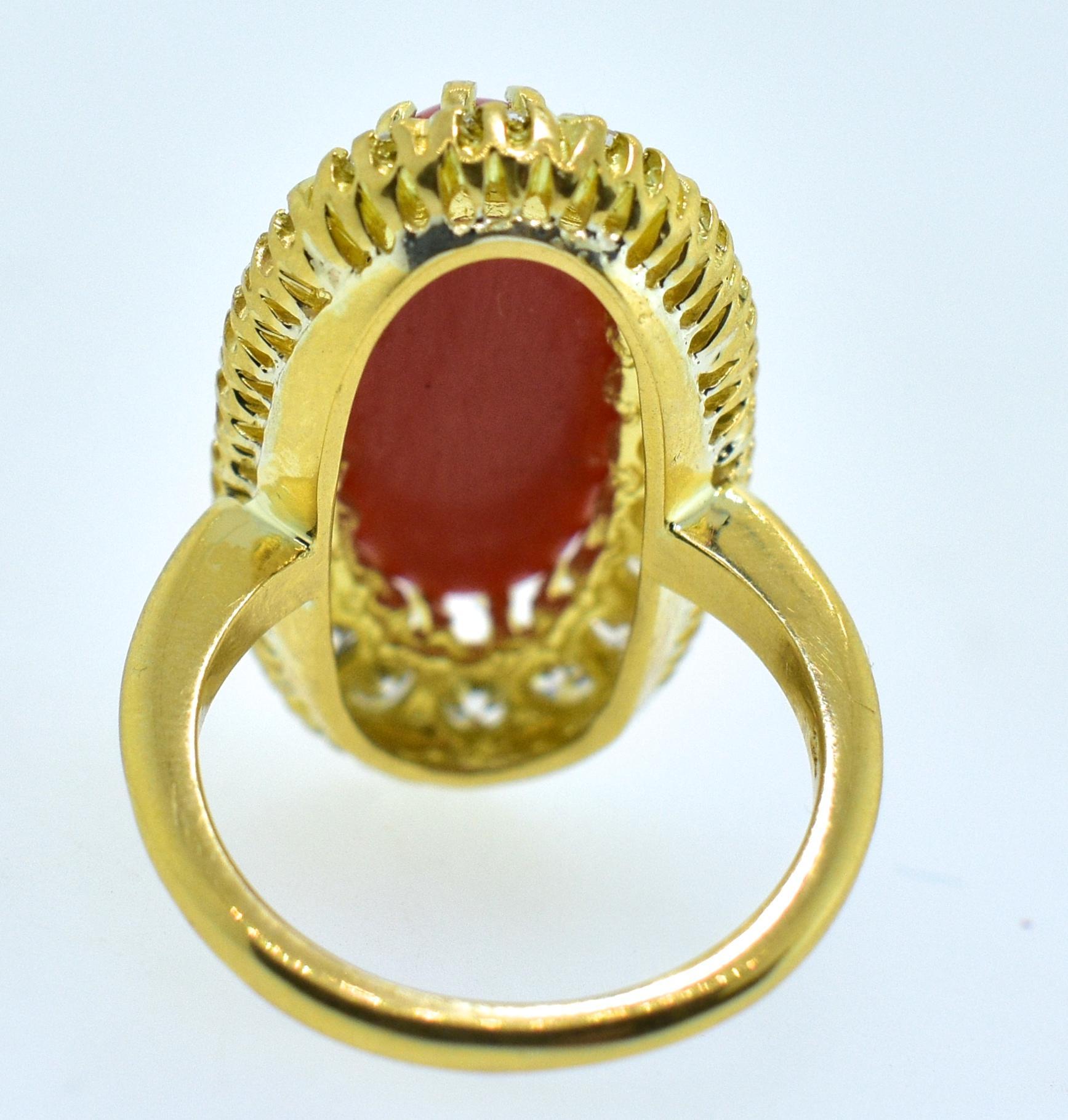 Antique 18K and Oxblood Red Coral and Diamond Ring, circa 1960 For Sale 2