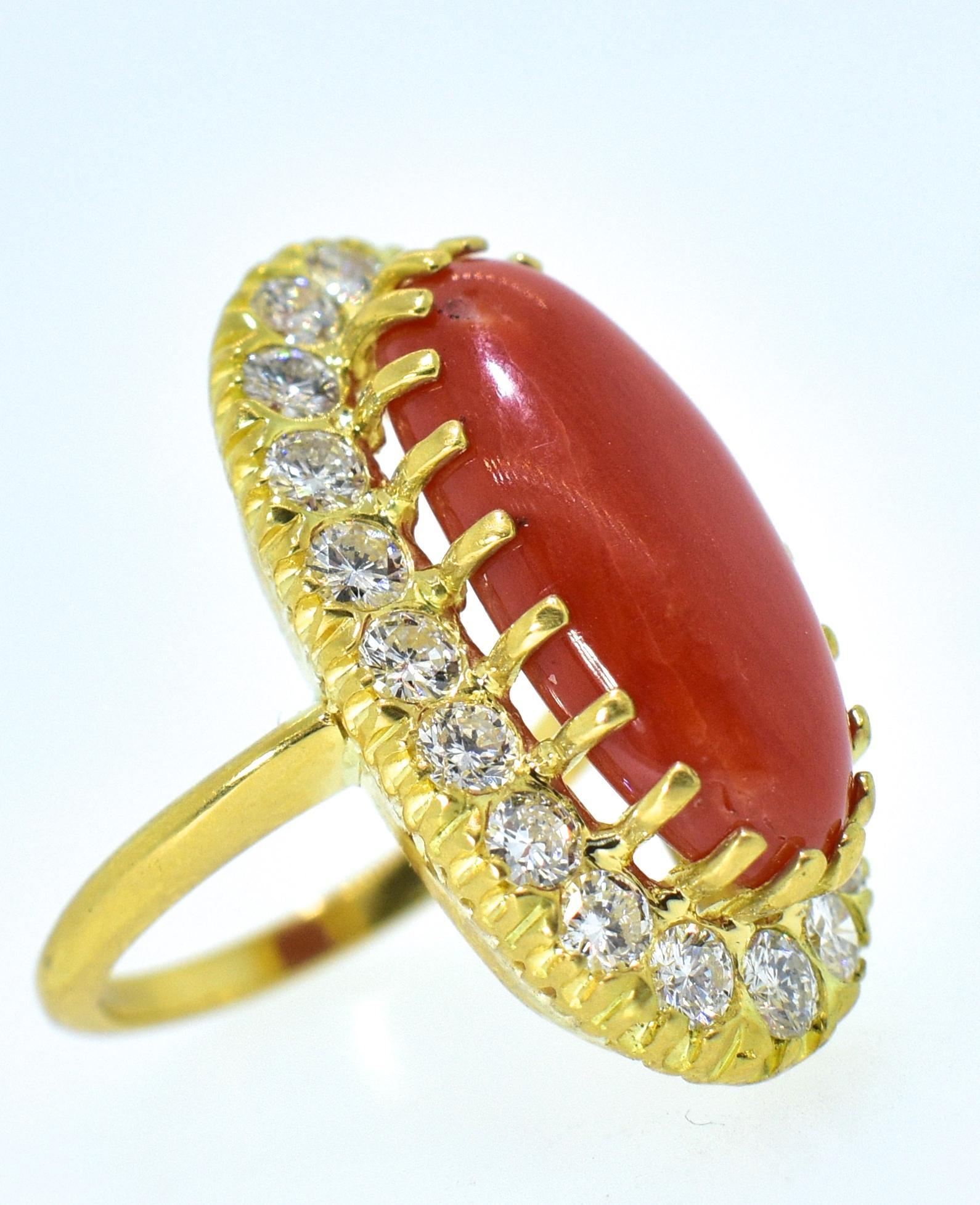Antique 18K and Oxblood Red Coral and Diamond Ring, circa 1960 For Sale 3