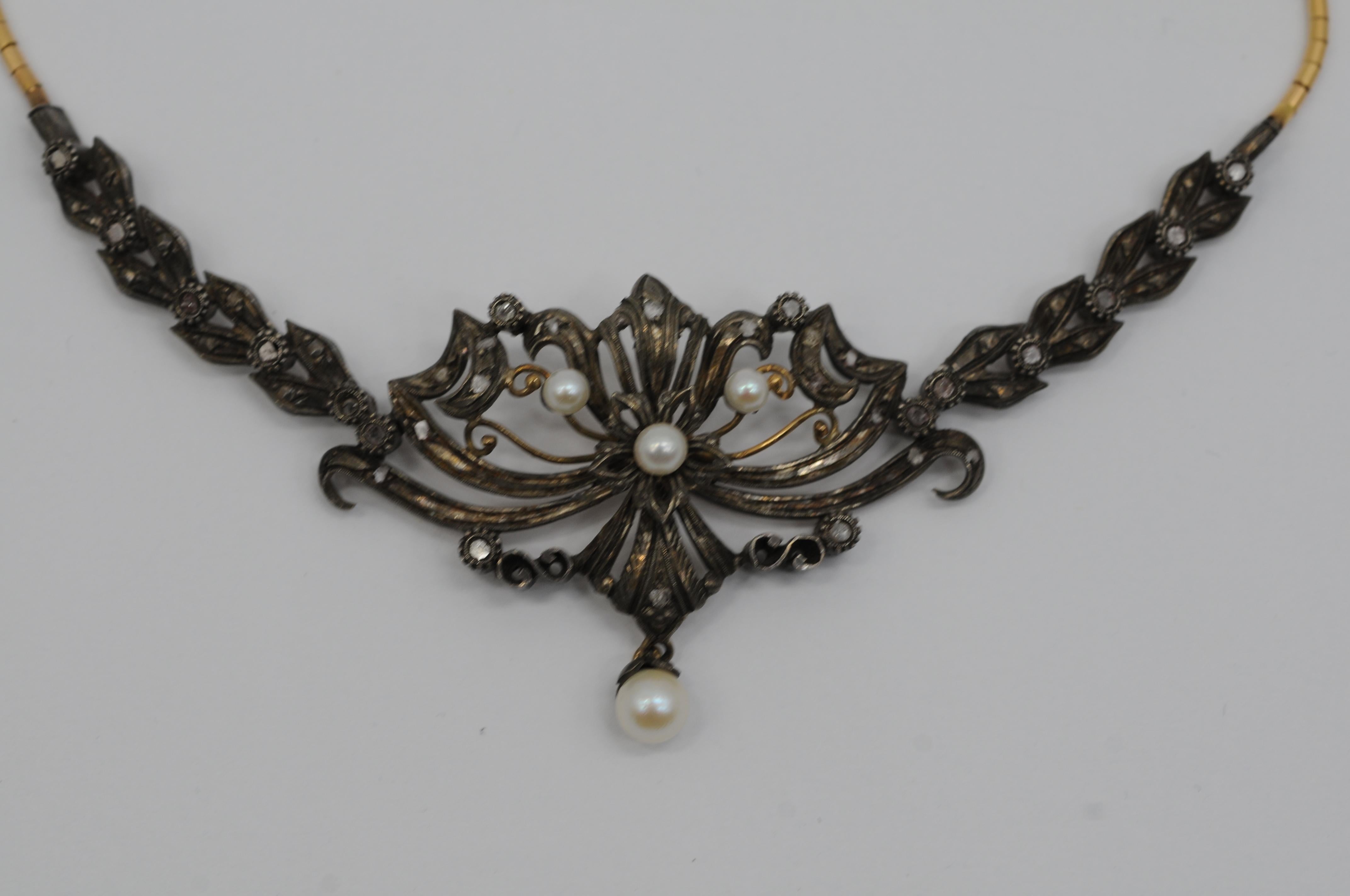 Taille mixte Collier Art nouveau 18 carats ancien avec perles et diamants en vente
