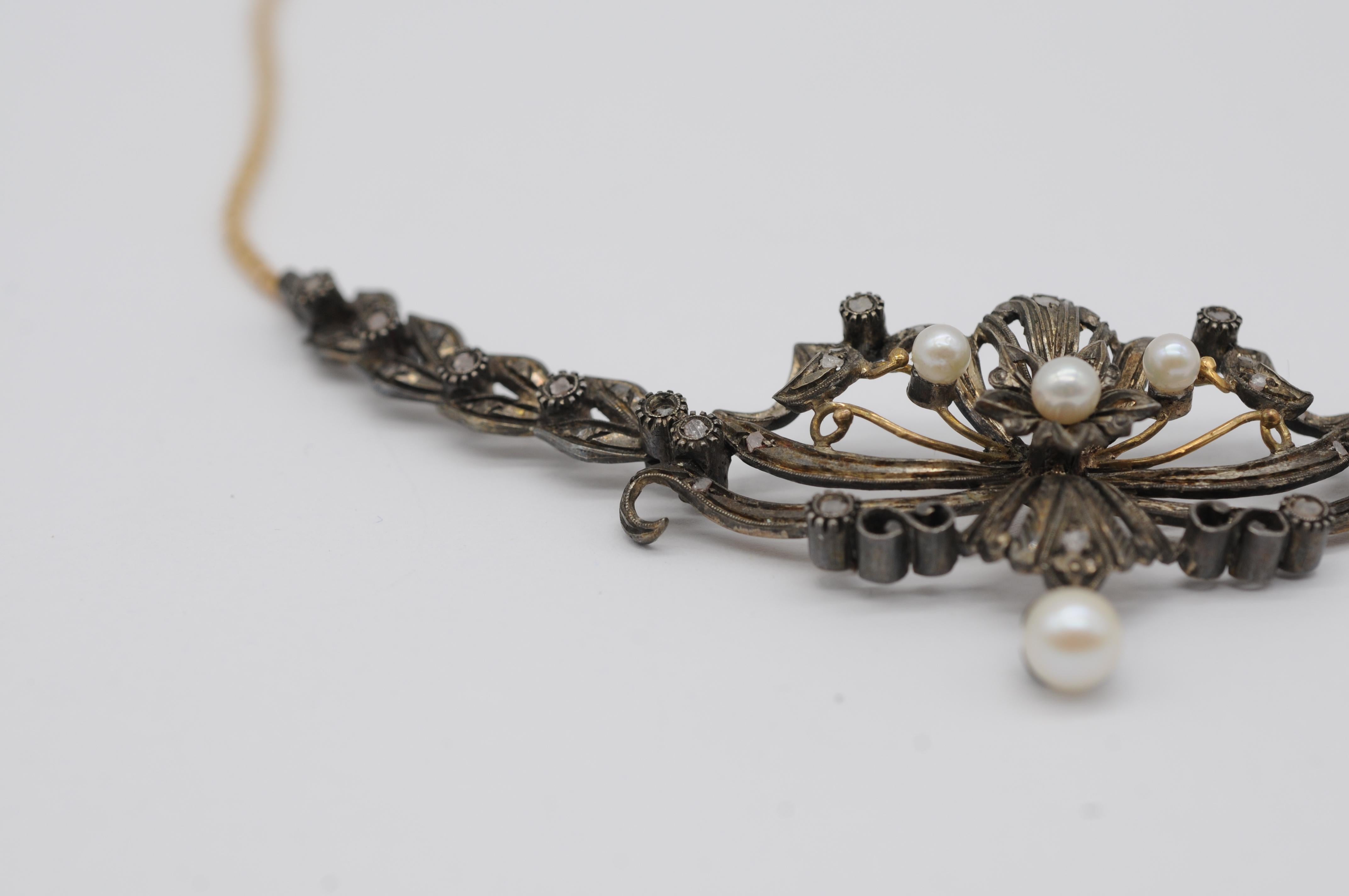Collier Art nouveau 18 carats ancien avec perles et diamants en vente 1